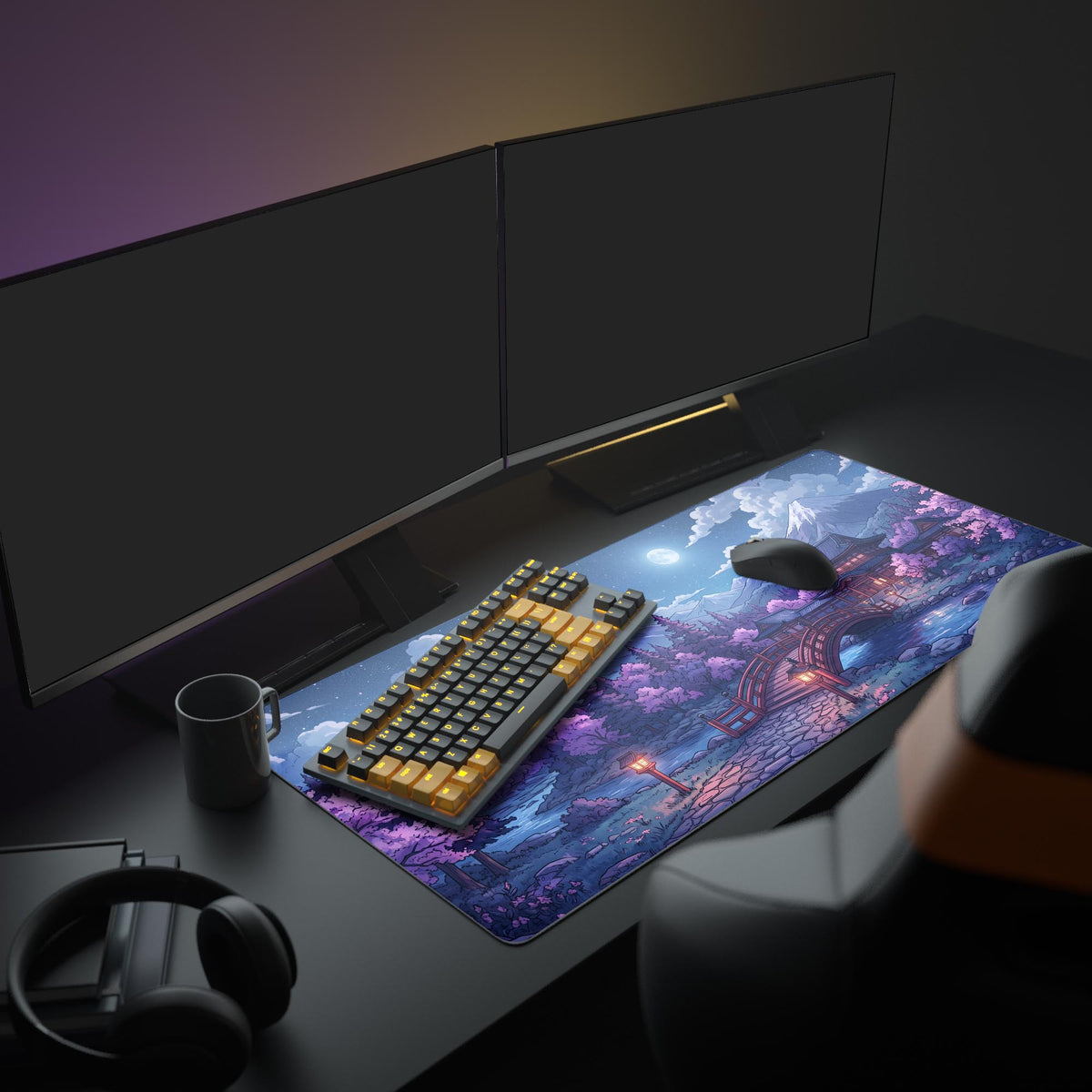 Close up view of the desk mat artwork showing glowing lanterns on a red wooden bridge surrounded by purple cherry blossom trees.
