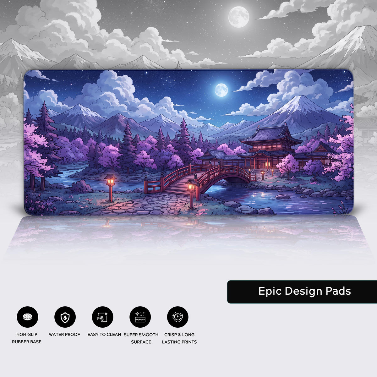 Desk mat layout showcasing the tranquil Japanese scenery with a majestic snow-capped mountain in the deep blue background.