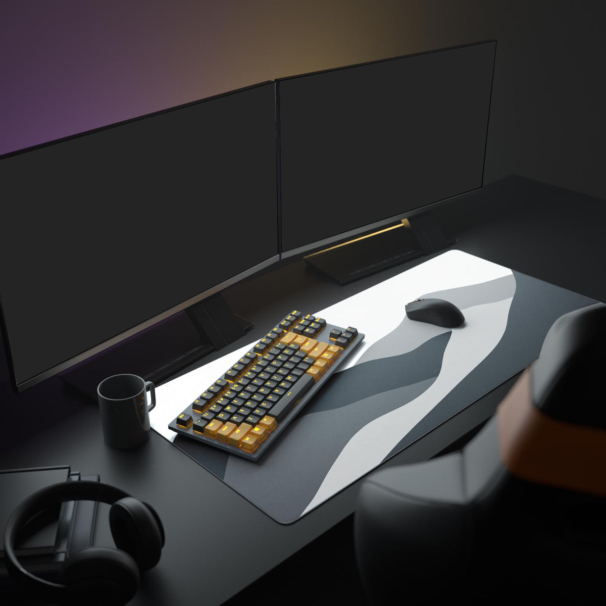 Top-down view of an abstract mountain landscape mouse pad with smooth monochrome curves.