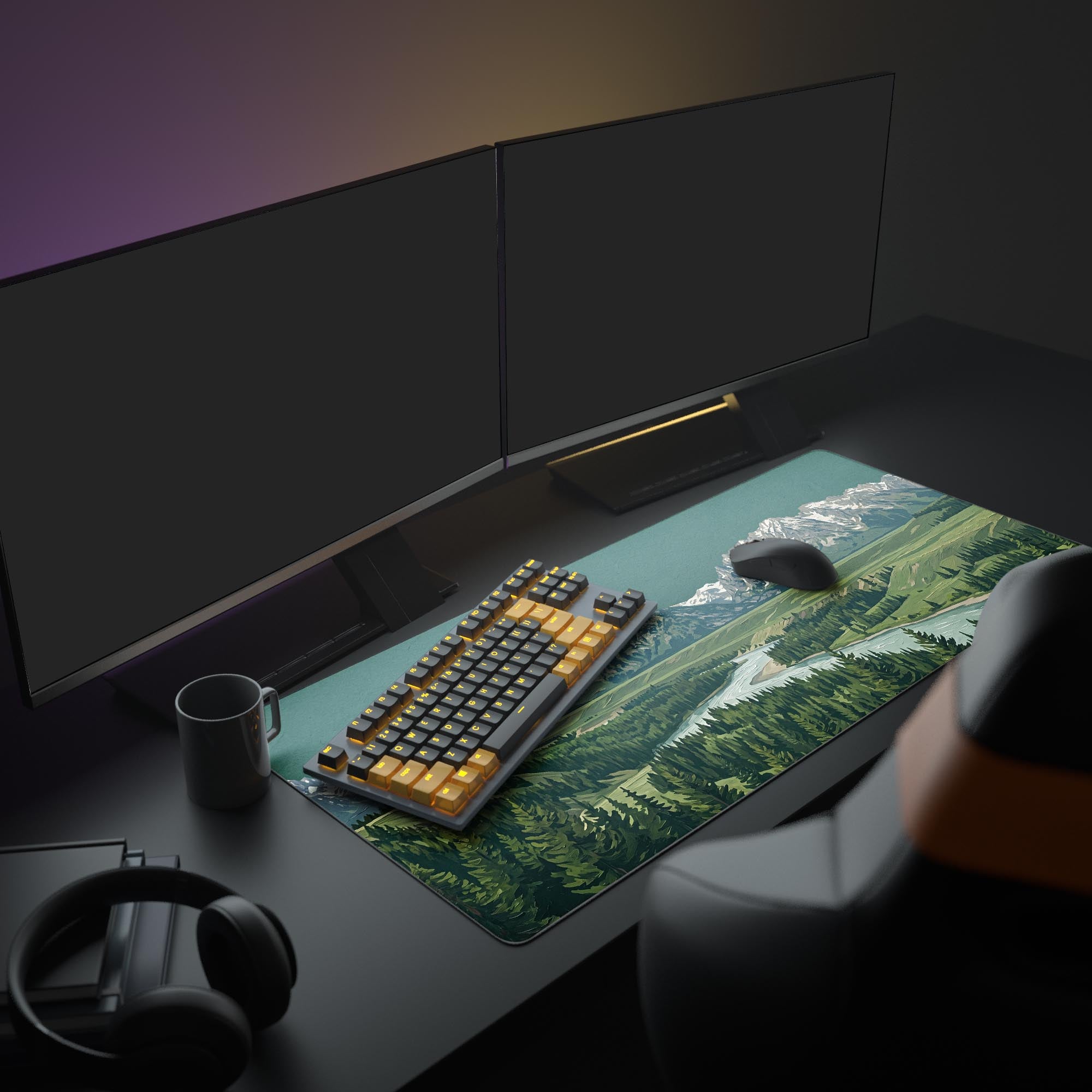 Detailed view of the mountain landscape desk mat highlighting the snow-capped peaks and vibrant green trees.