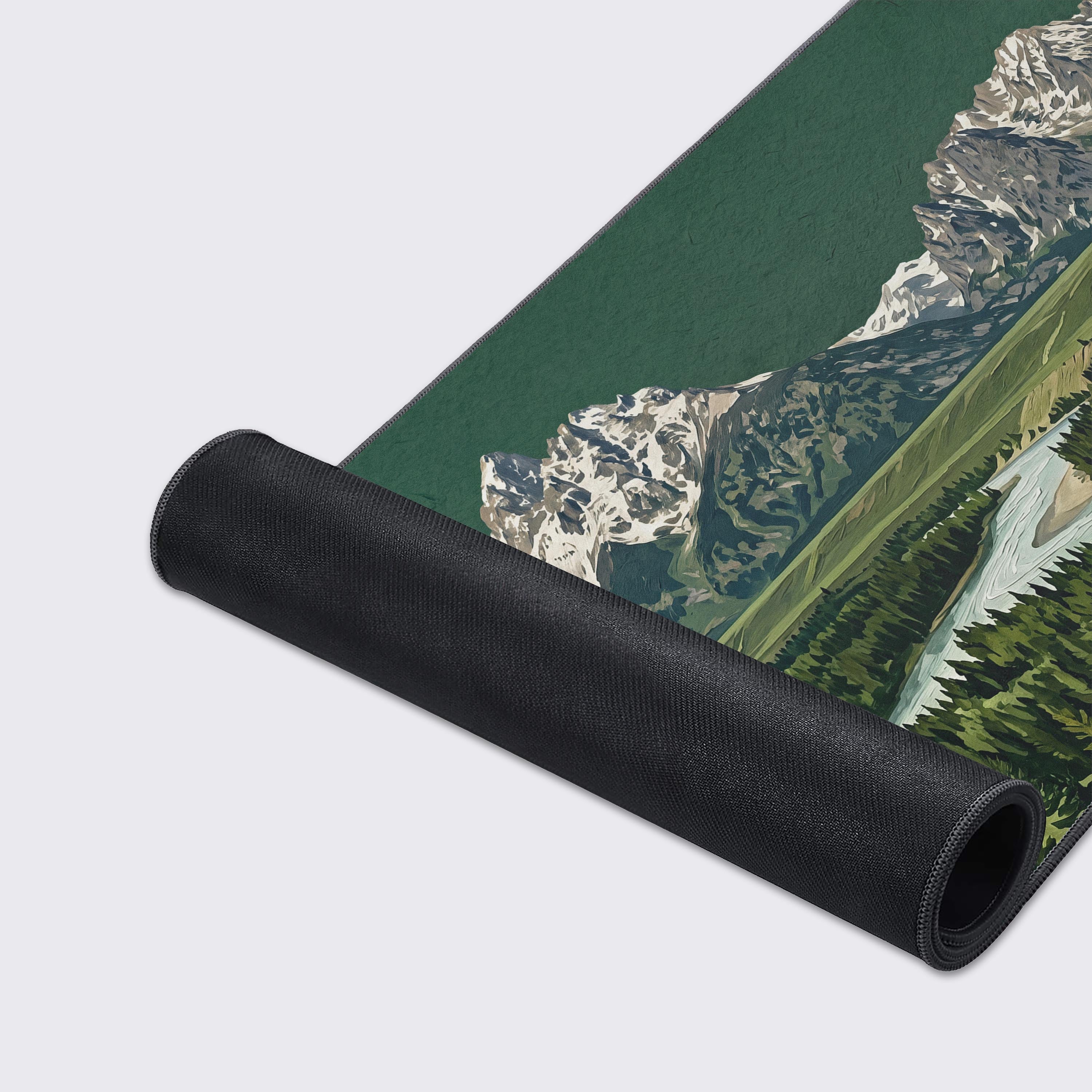 Product features of the Epic Design Pads desk mat showing icons for non-slip, waterproof, easy to clean, and smooth surface.