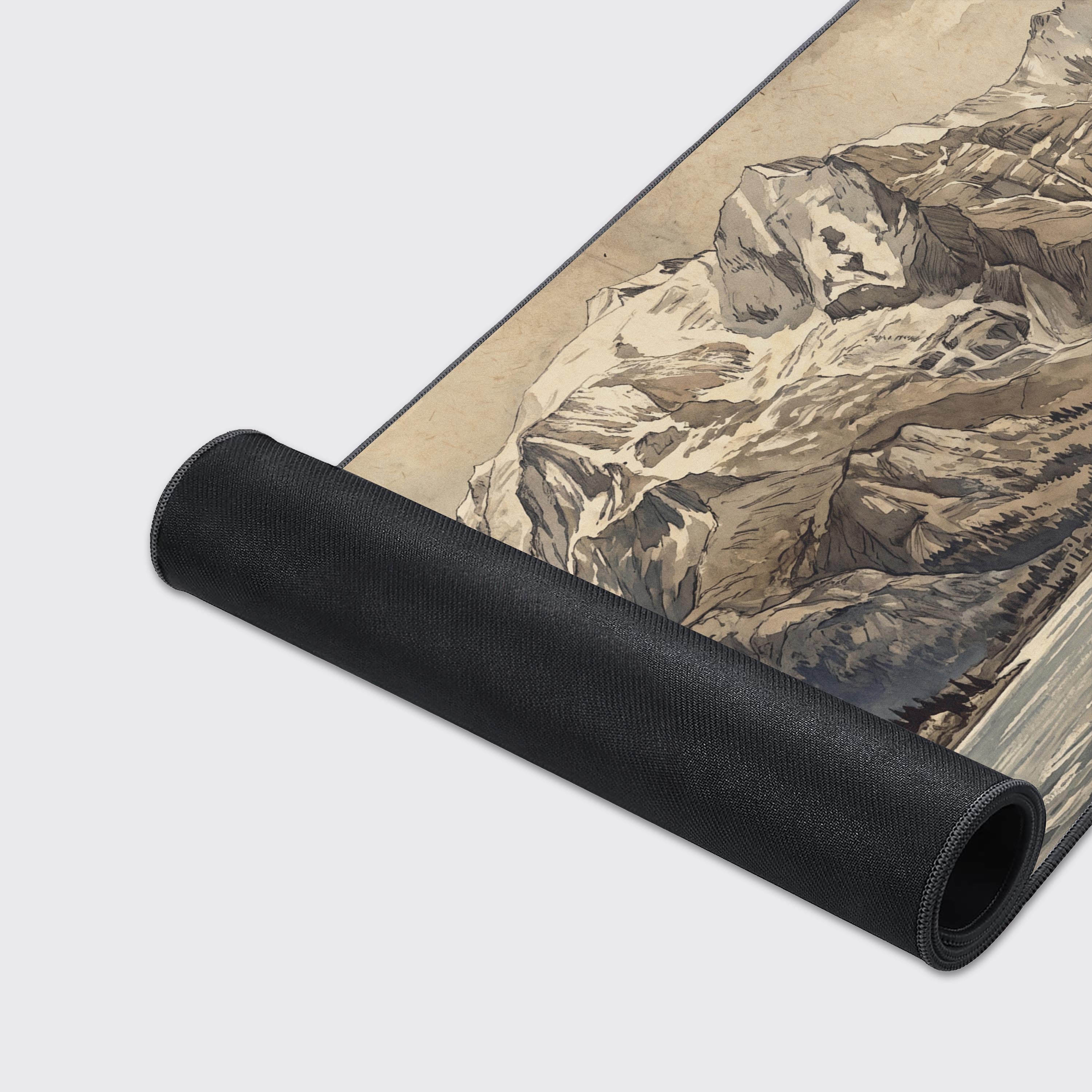 A small sailboat navigating the calm waters beneath towering snow-capped mountains on a vintage style mouse pad.