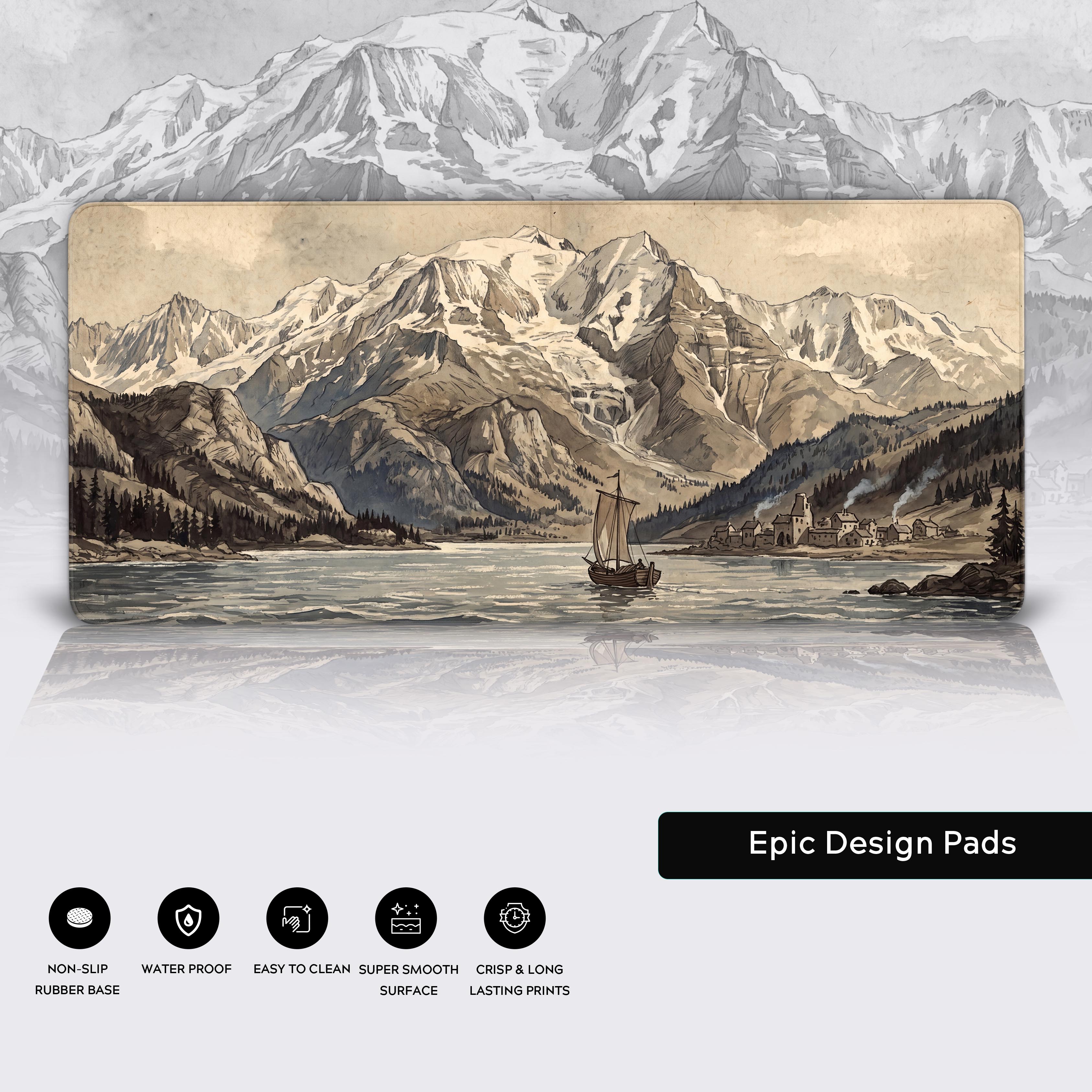 Vintage sketch aesthetic desk mat with mountain landscape artwork, shown with product feature icons.