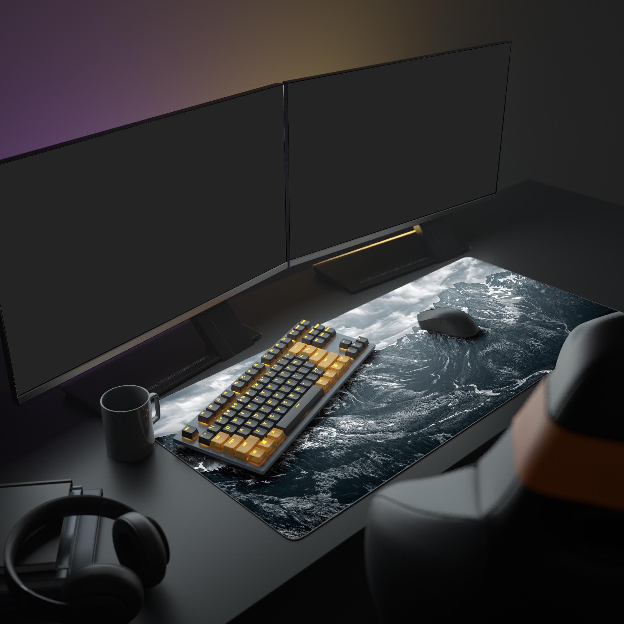 Close-up of the high-contrast mountain peaks and cloud details on the epic nature gaming mouse pad.