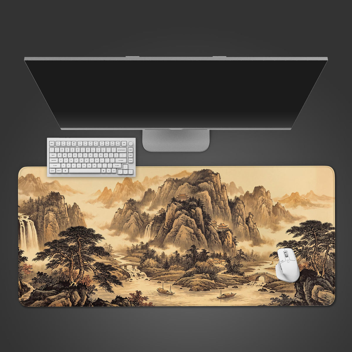 Traditional golden Chinese mountain landscape desk mat featuring ink wash style art