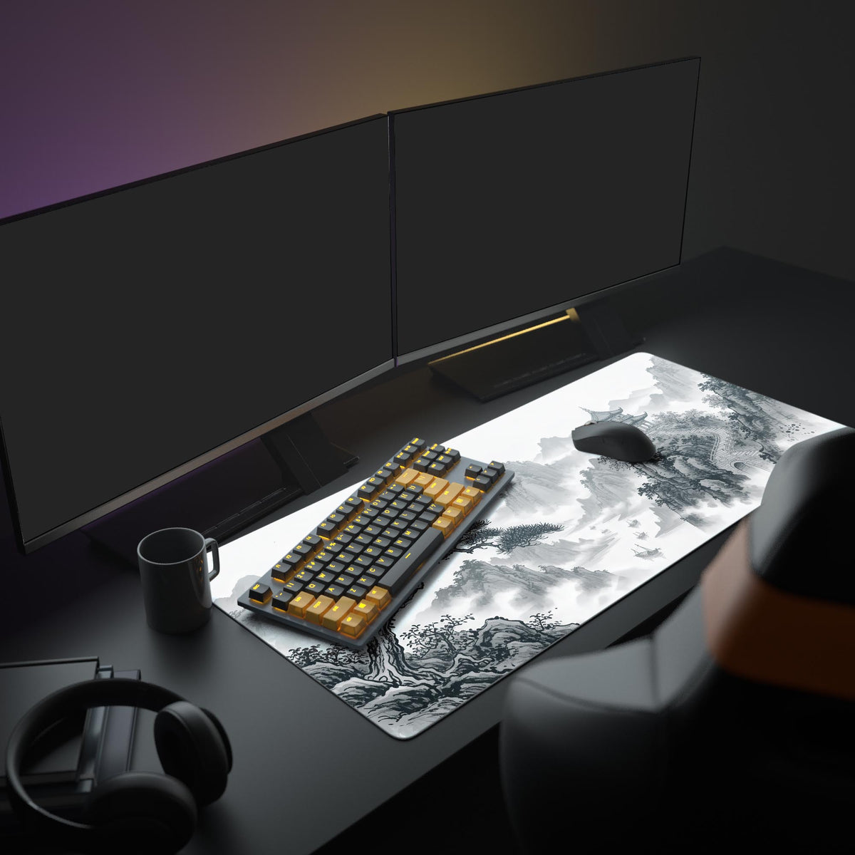 Large Mountain Pagoda desk mat shown in a zen desk setup with dual monitors and a mechanical keyboard. - Epic Design Pads
