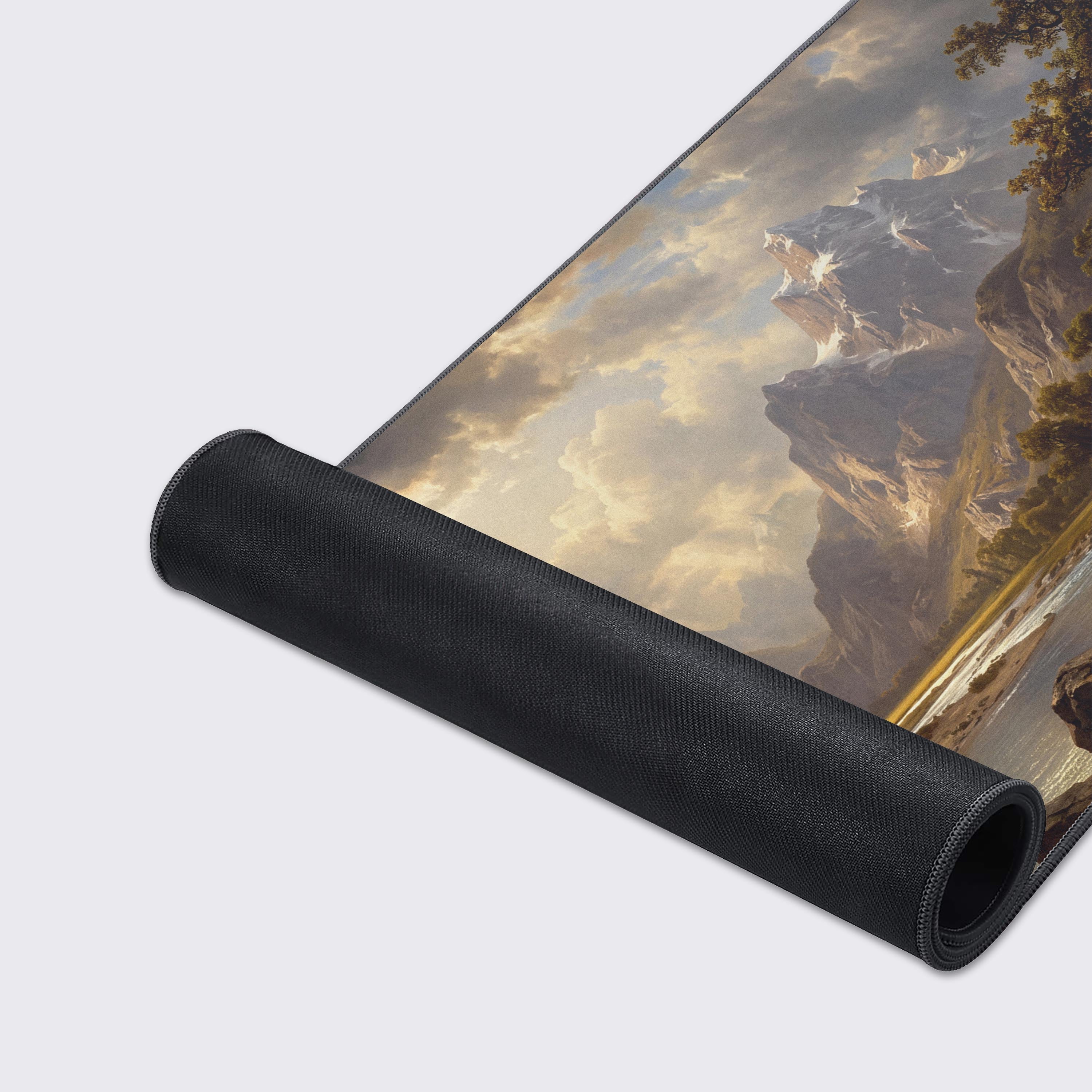 Detail of the desk mat showcasing travelers with their horses resting near large ancient trees by the river.