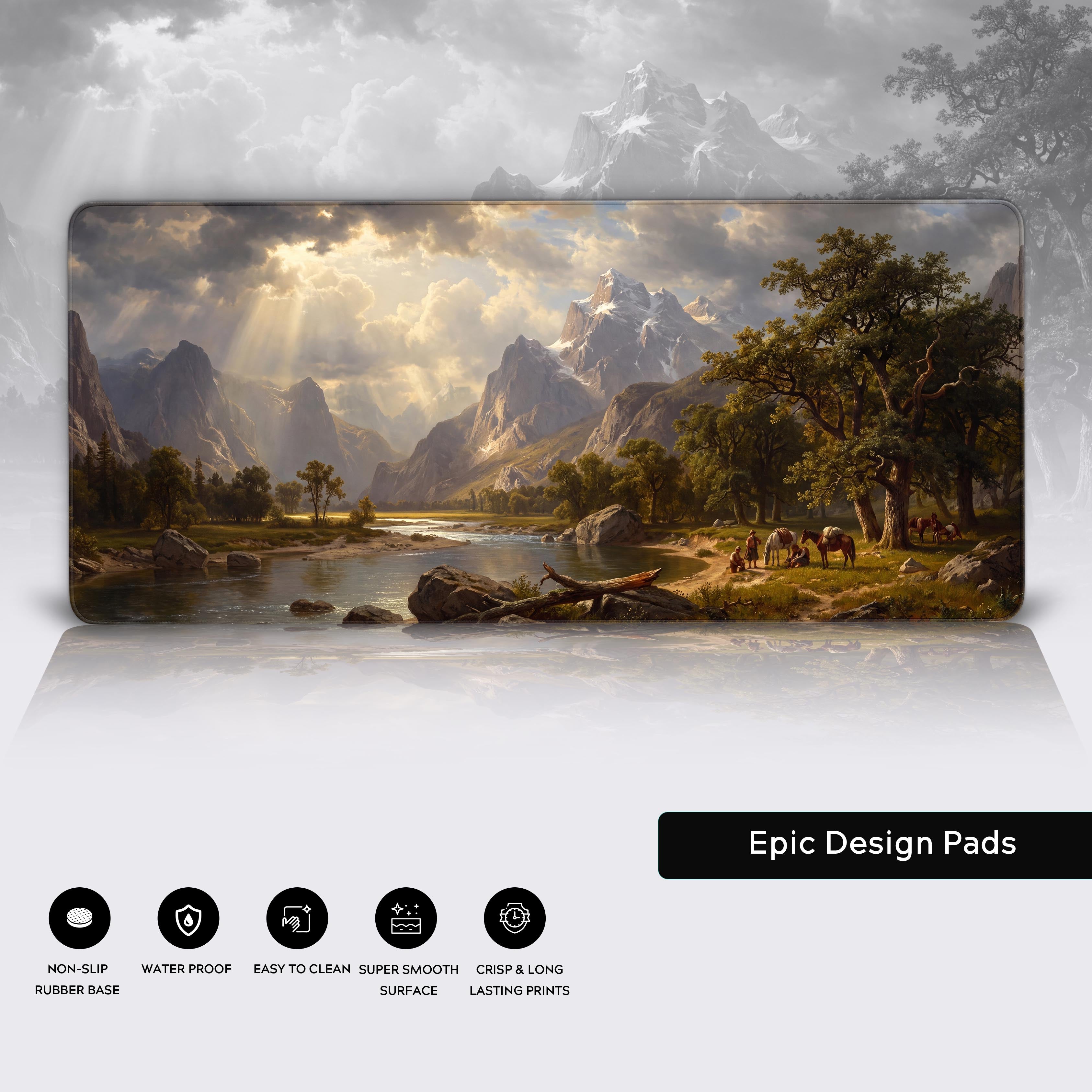 Front view of the landscape desk mat highlighting the epic frontier painting with rocky river banks and deep green foliage.