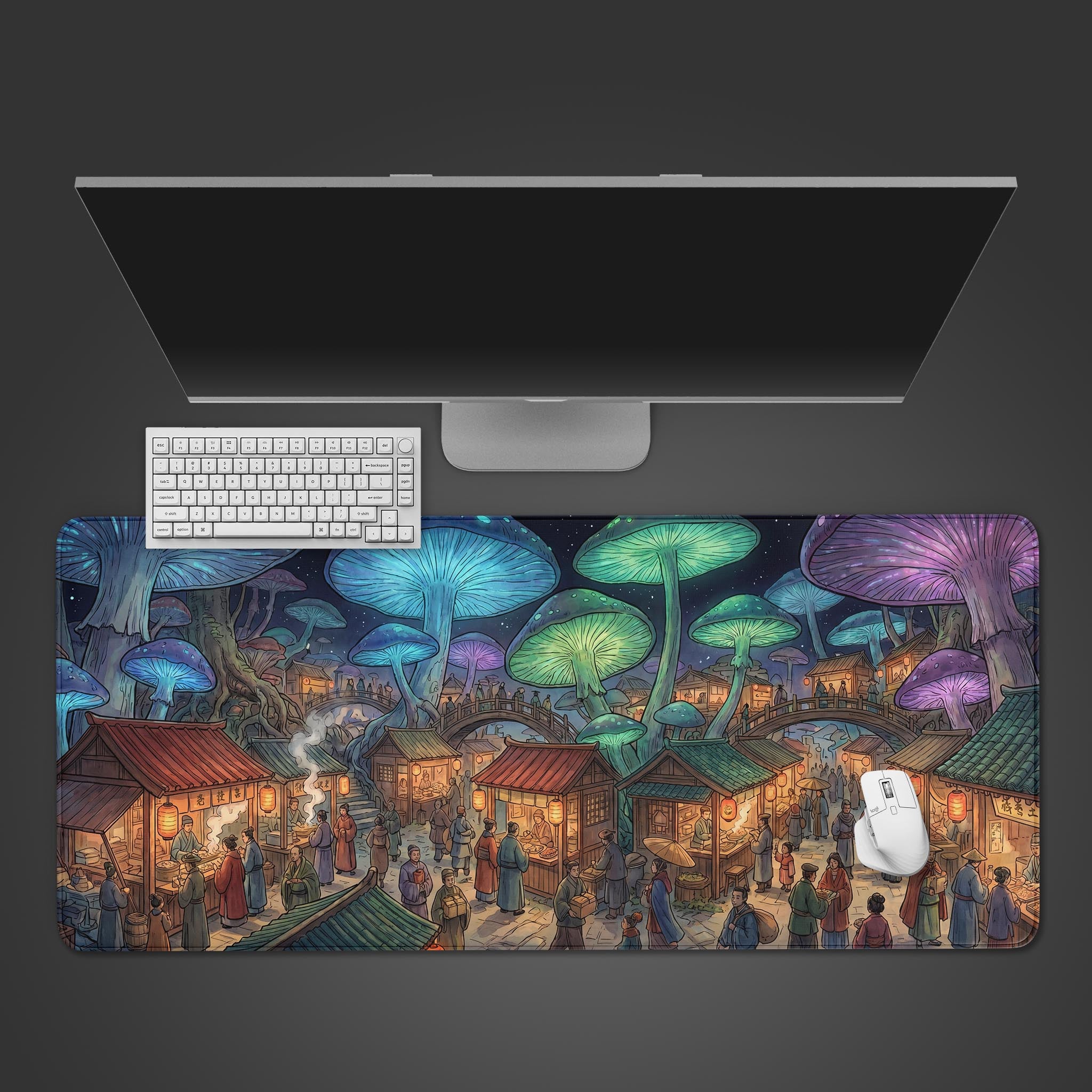 Mushroom Village desk mat featuring a glowing fantasy market under giant bioluminescent fungi.