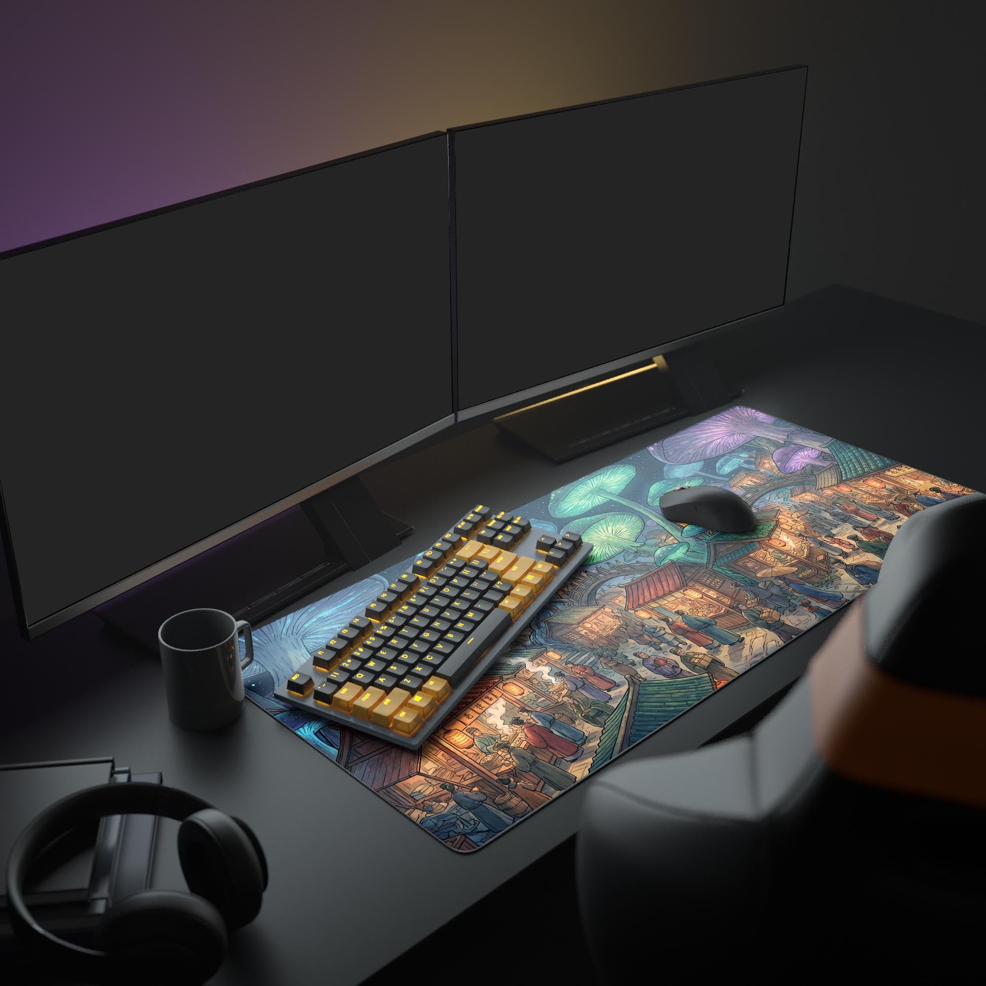 Close-up of the fantasy desk mat showcasing detailed market stalls, villagers, and glowing lanterns.