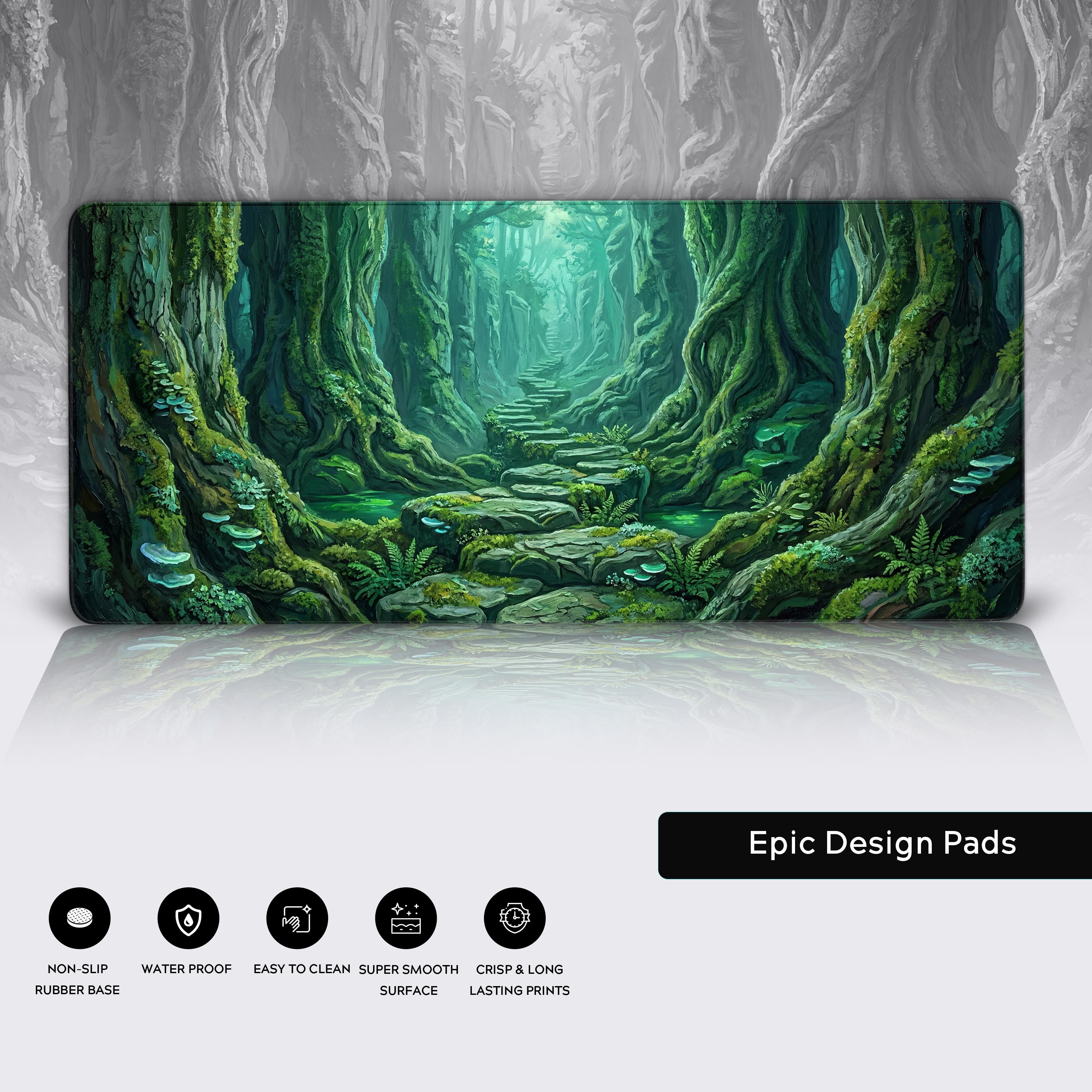 Icons highlighting the desk mat features: non-slip rubber base, waterproof, easy to clean, super smooth surface, and crisp lasting prints.