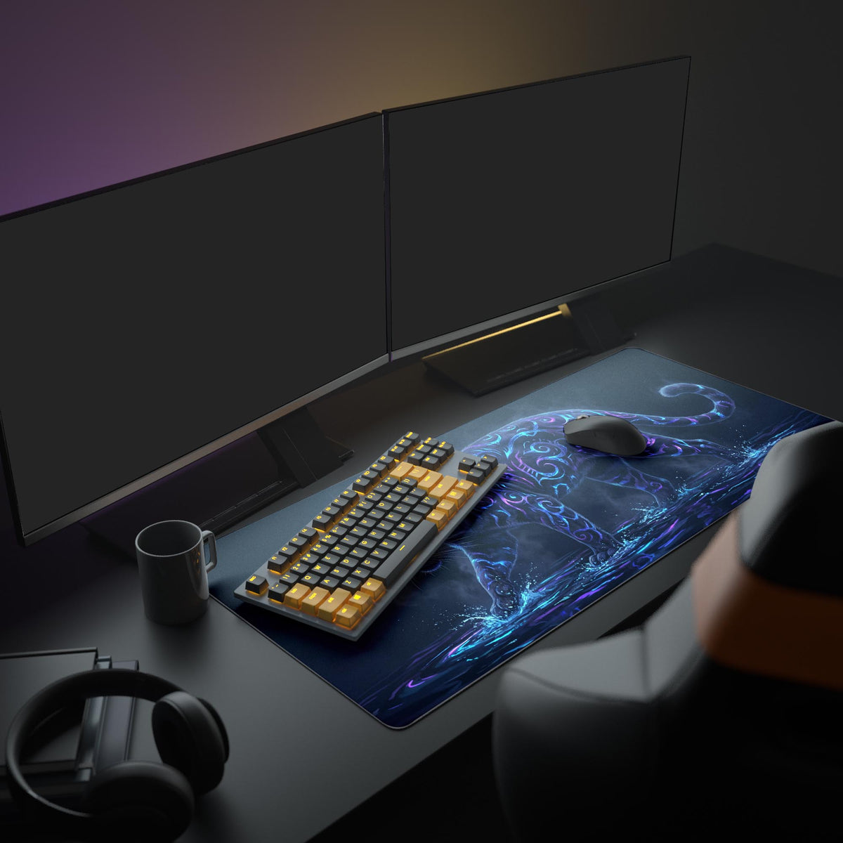 A modern PC setup with a large monitor showcasing the Mystic Prowl gaming desk mat, creating an immersive fantasy-themed workspace. - Epic Design Pads & Mousepads