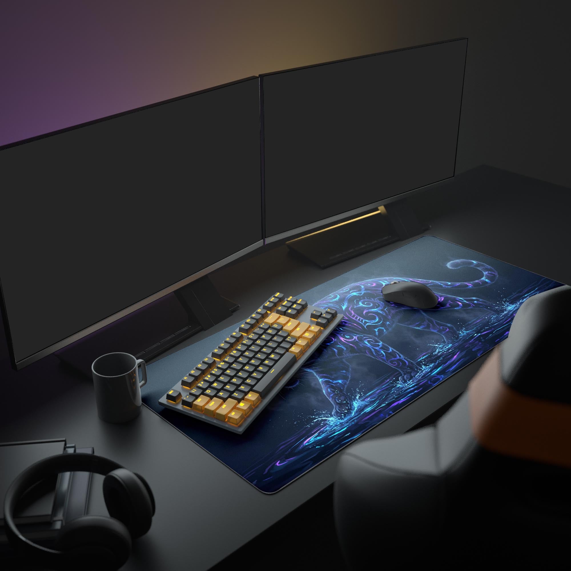 A modern PC setup with a large monitor showcasing the Mystic Prowl gaming desk mat, creating an immersive fantasy-themed workspace. - Epic Design Pads & Mousepads