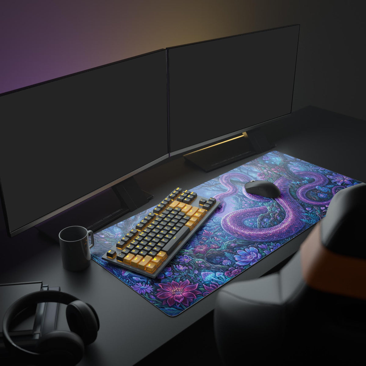 The Mystic Serpent mouse pad displayed in a full gaming setup, adding a vibrant purple and blue fantasy theme to a desk with multiple monitors and an RGB keyboard. - Epic Design Pads & Mousepads