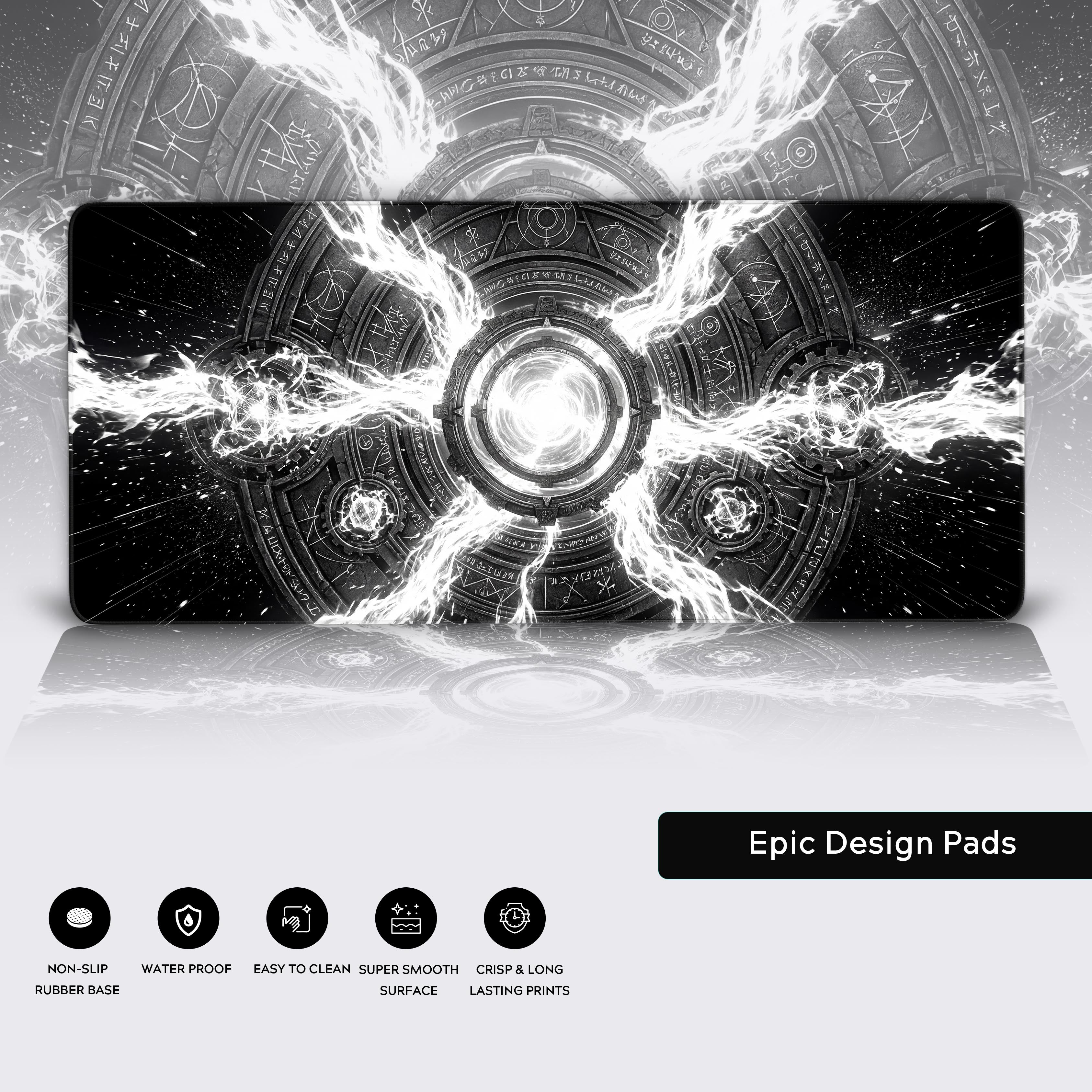 Mystic Sigil desk mat displaying product features like non-slip base, water-proof surface, and crisp prints.