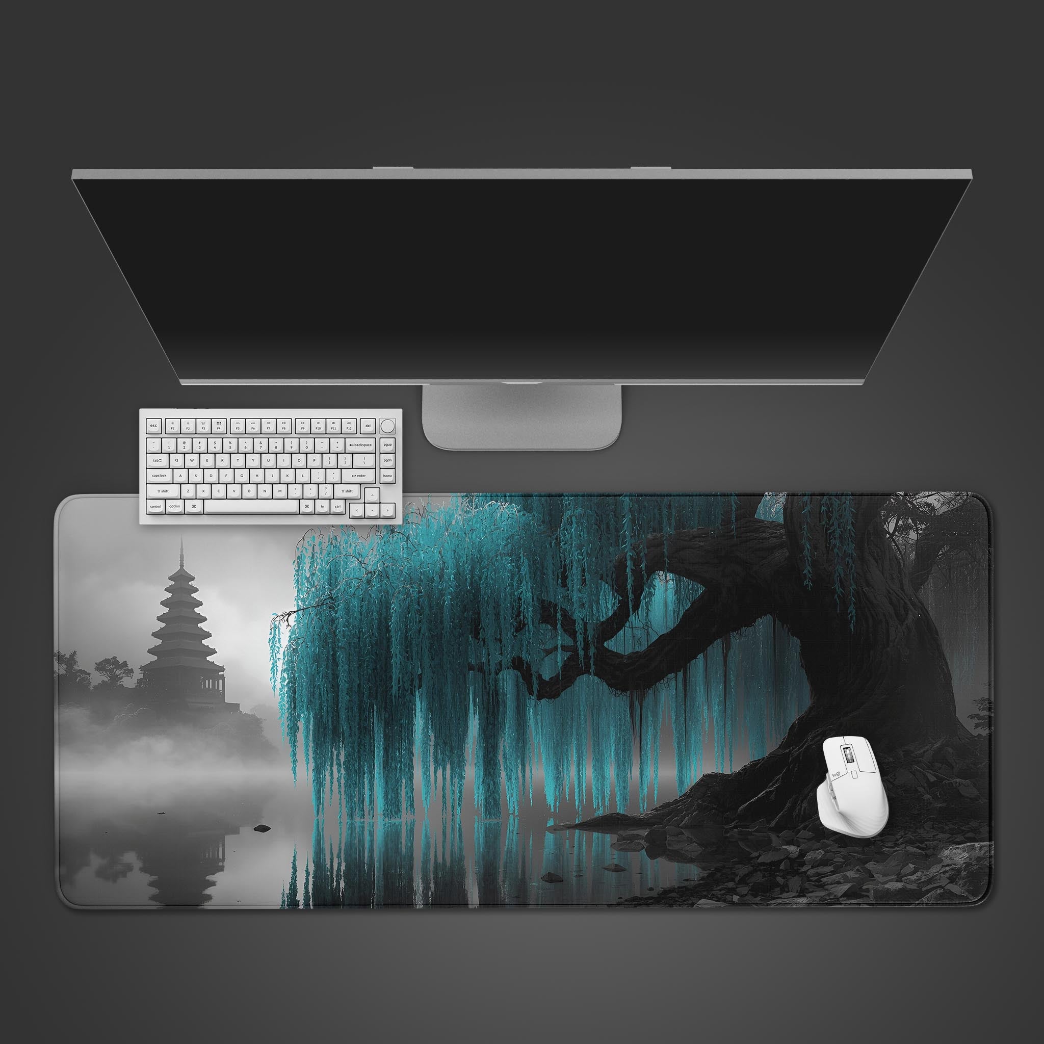 Mystic Willow desk mat featuring a vibrant teal weeping willow tree over a serene misty lake