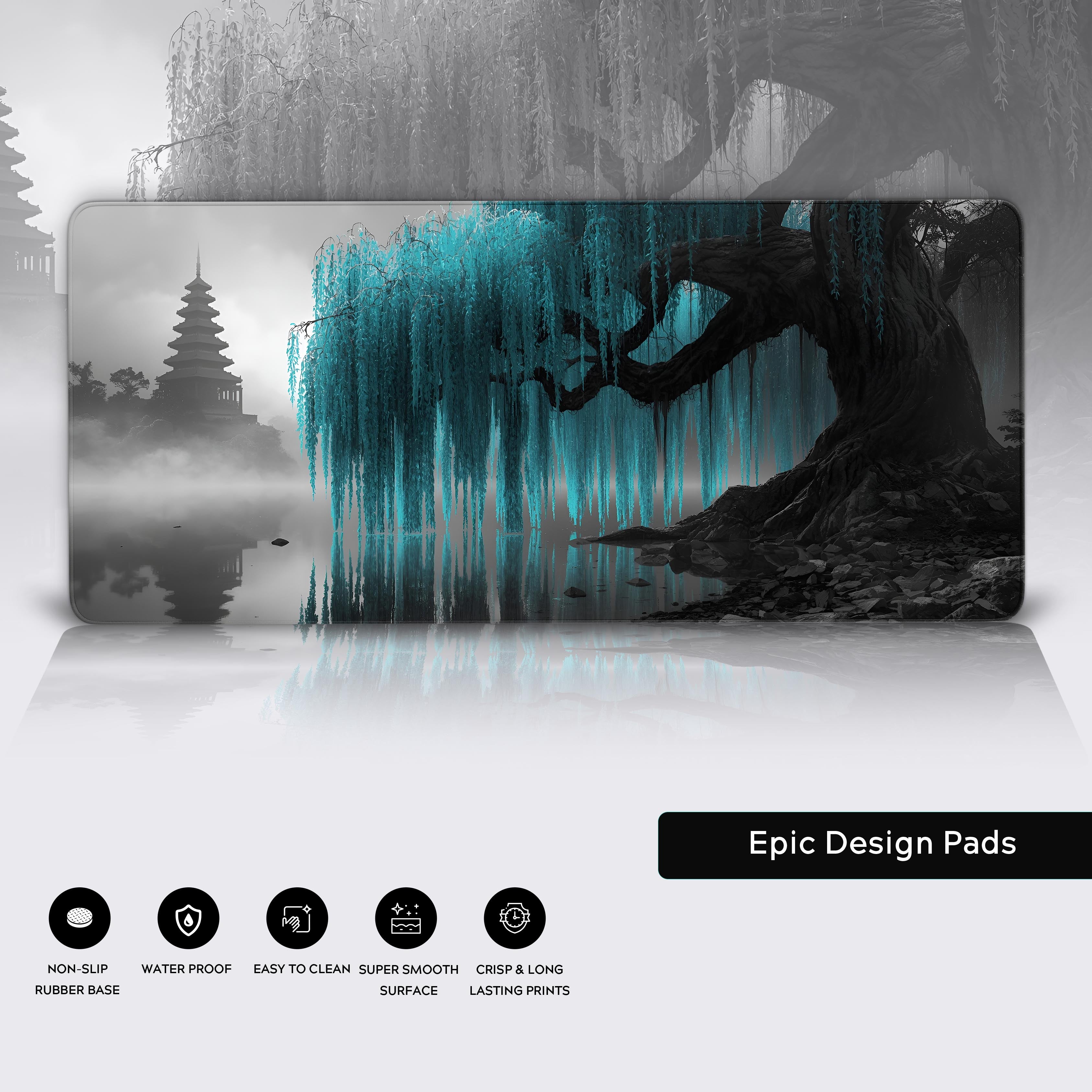 Non-slip rubber base of the mystical teal tree and pagoda desk mat