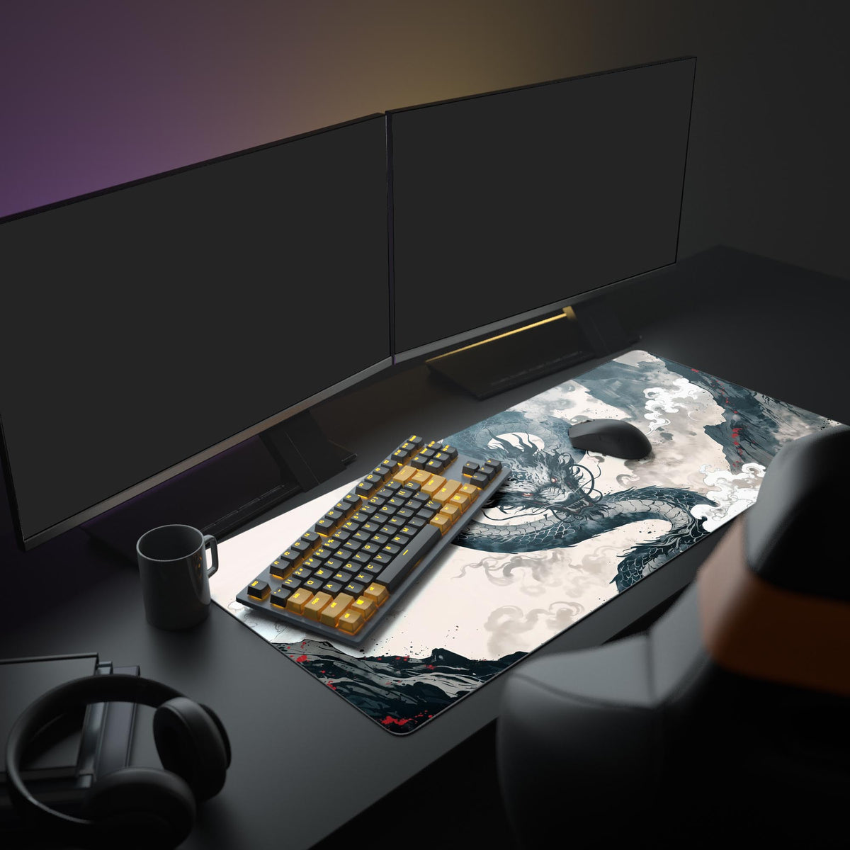 Large Mythic Guardian dragon gaming desk mat featured in a full desk setup with dual monitors, headphones, and a mechanical keyboard. - Epic Design Pads & Mousepads