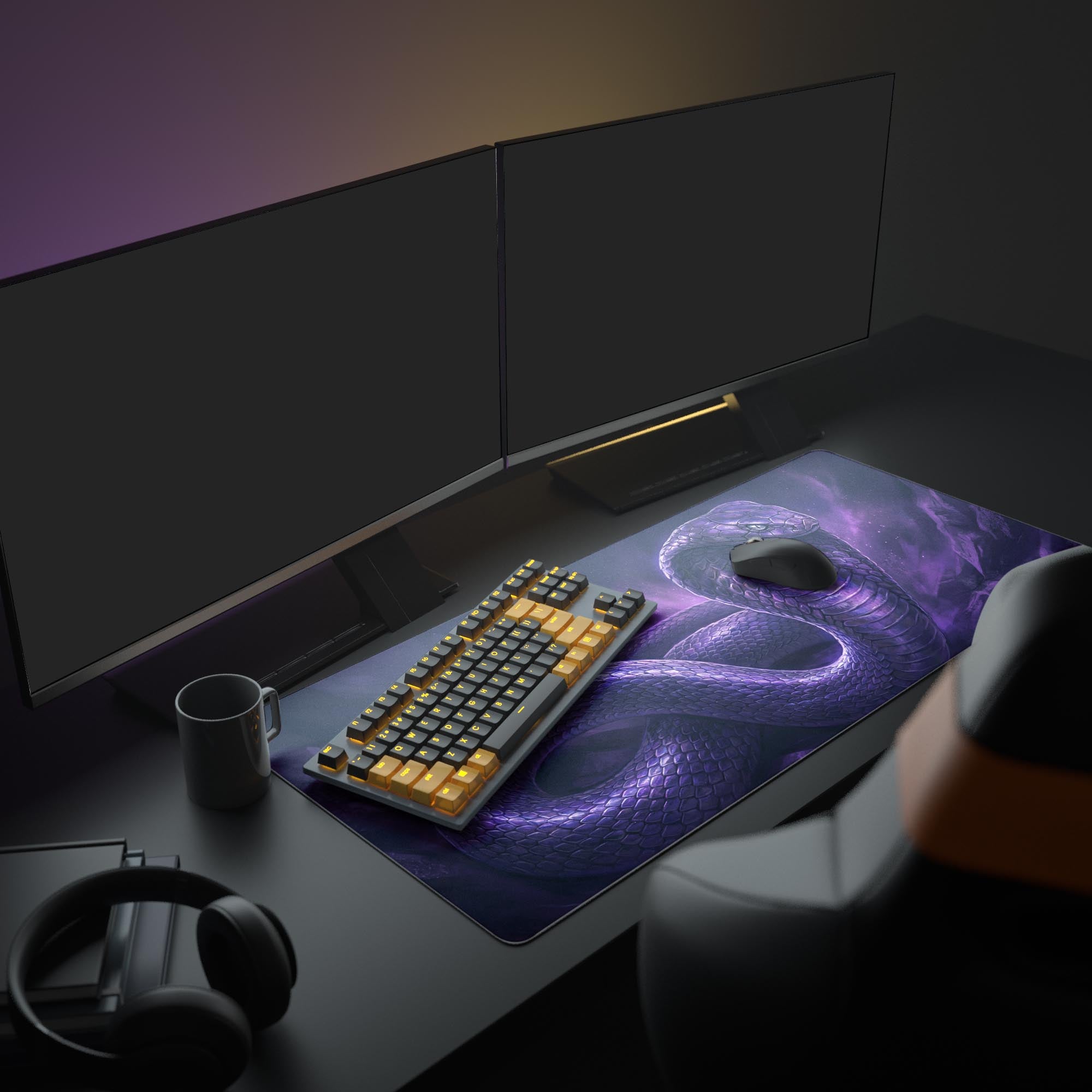 The Nebula Cobra gaming desk mat shown in a full PC setup, its purple snake design creating a stunning aesthetic with glowing peripherals. - Epic Design Pads & Mousepads