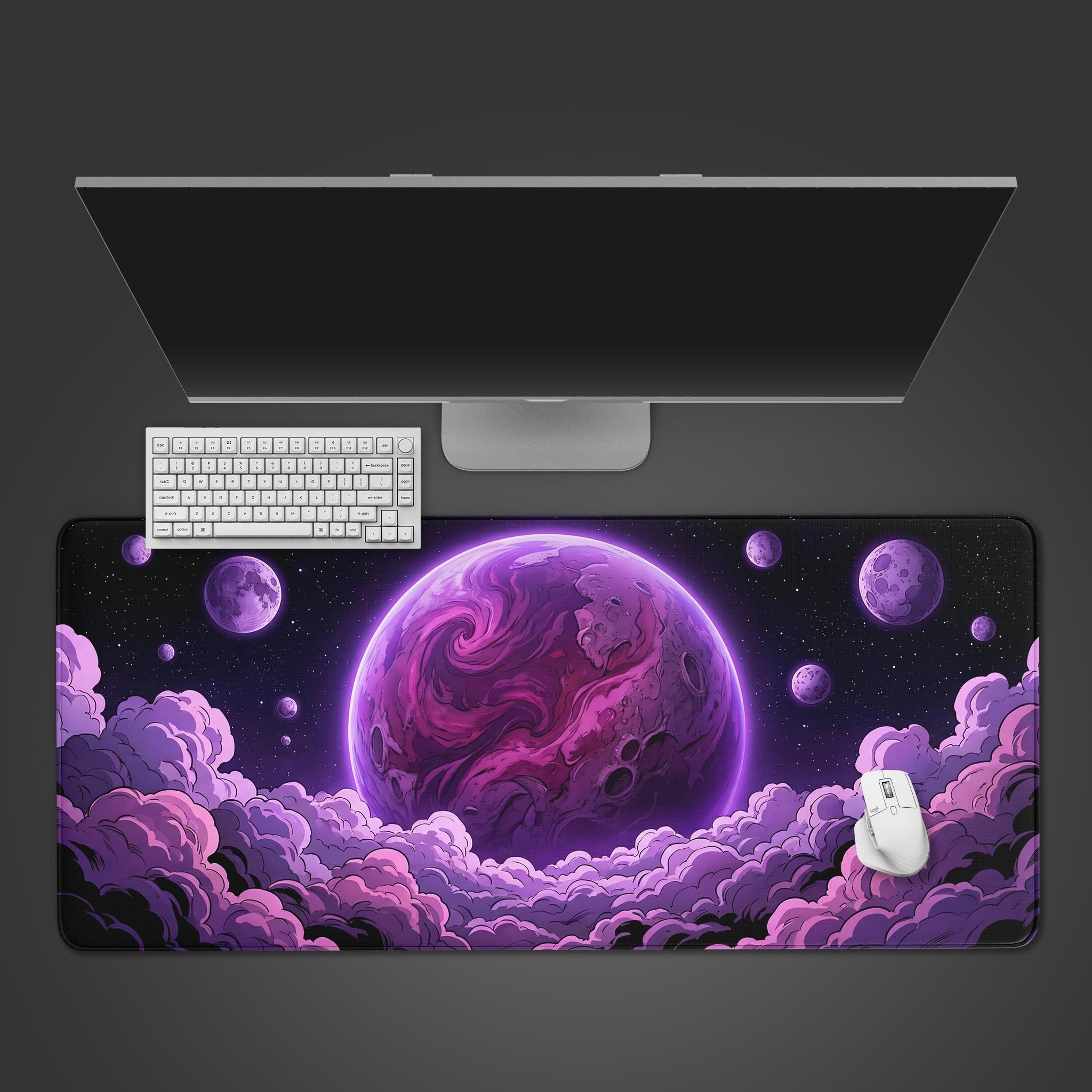 Top-down view of the Nebula Core gaming desk mat, featuring a large purple planet and clouds, shown with a white keyboard and mouse. - Epic Design Pads & Mousepads