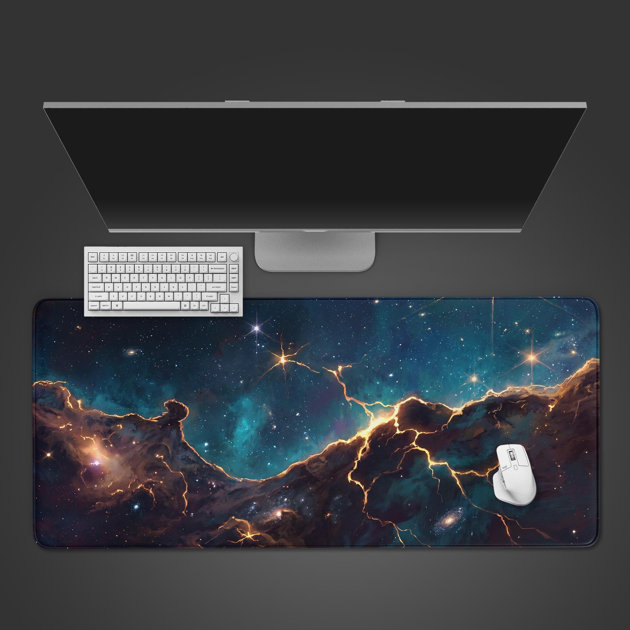 Epic Cosmic Rift nebula desk mat featuring glowing golden fissures over deep blue space clouds.