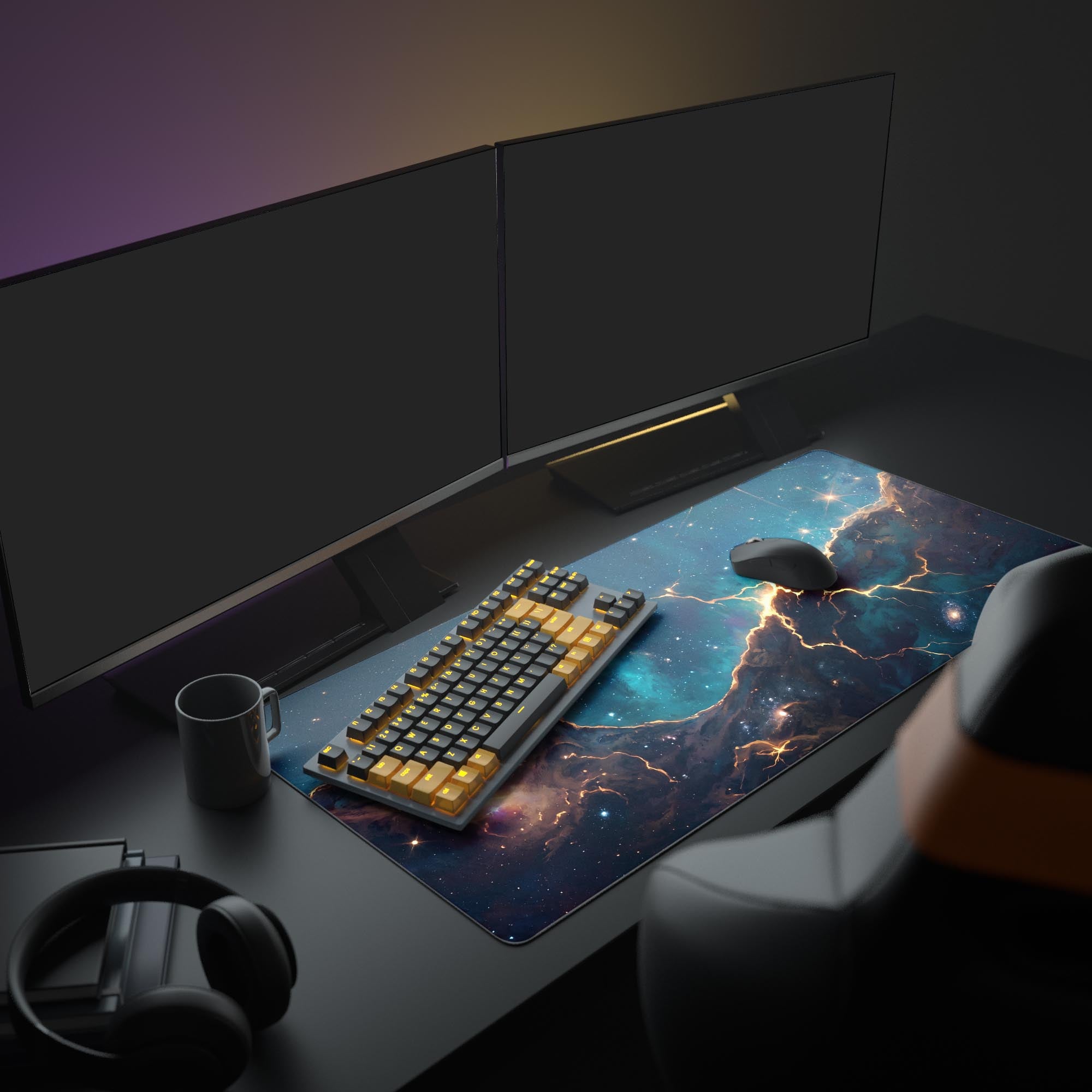 Close up of the deep space galaxy mouse pad showing vibrant star clusters and rich gold and teal colors.