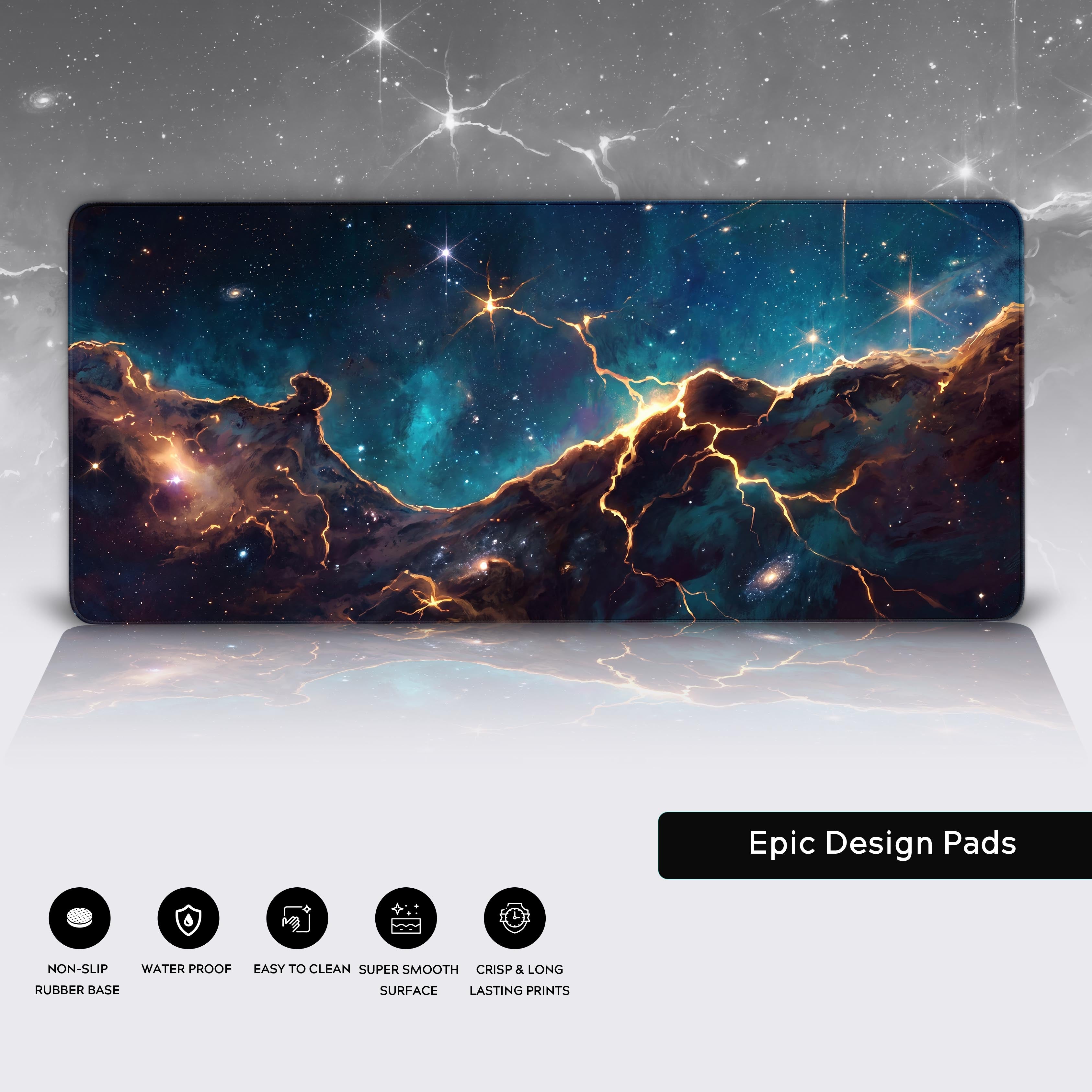 Full view of the extra large space aesthetic desk mat reflecting beautifully on a sleek white desk.