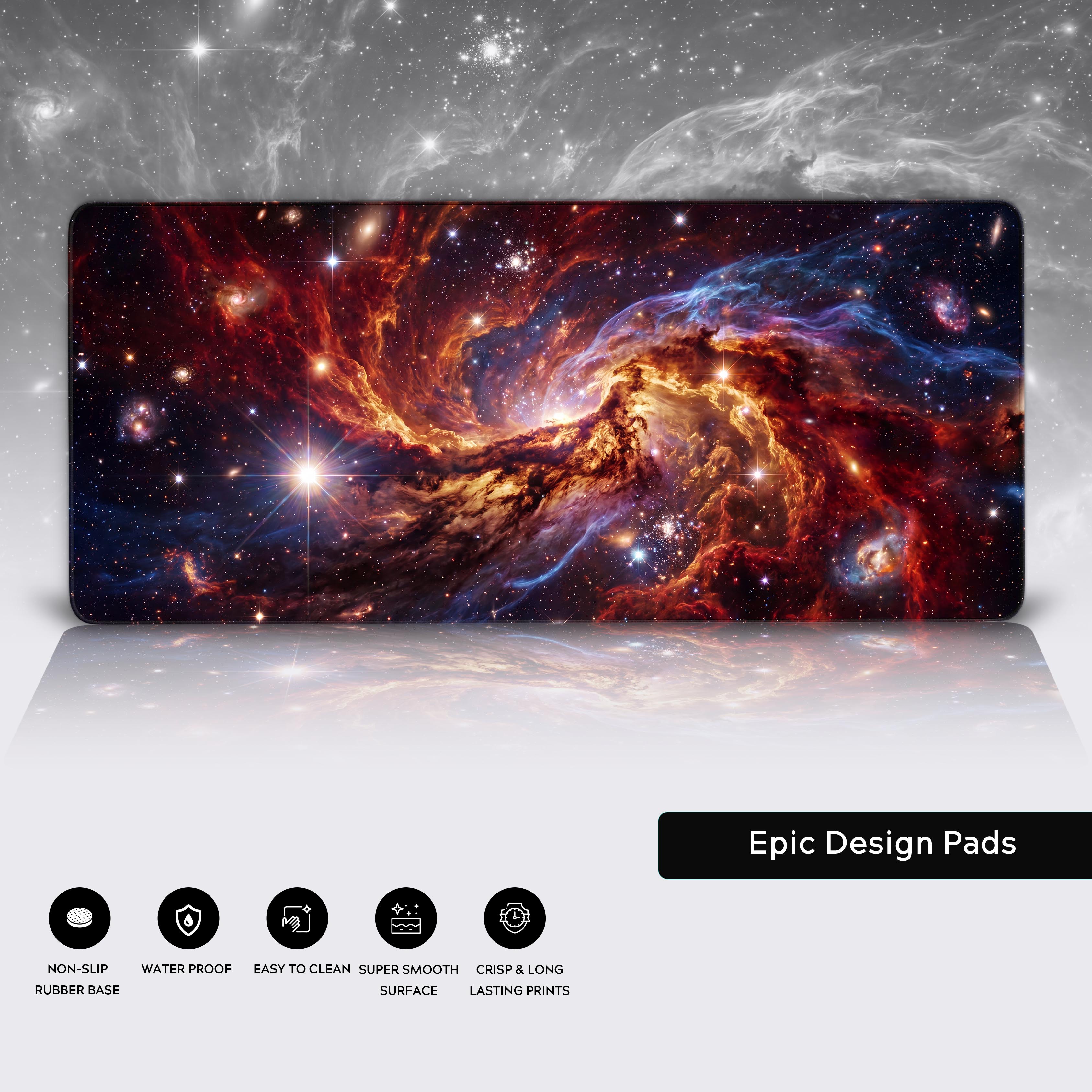 Iconography detailing the desk mat's non-slip rubber base, waterproof coating, and easy-to-clean design.