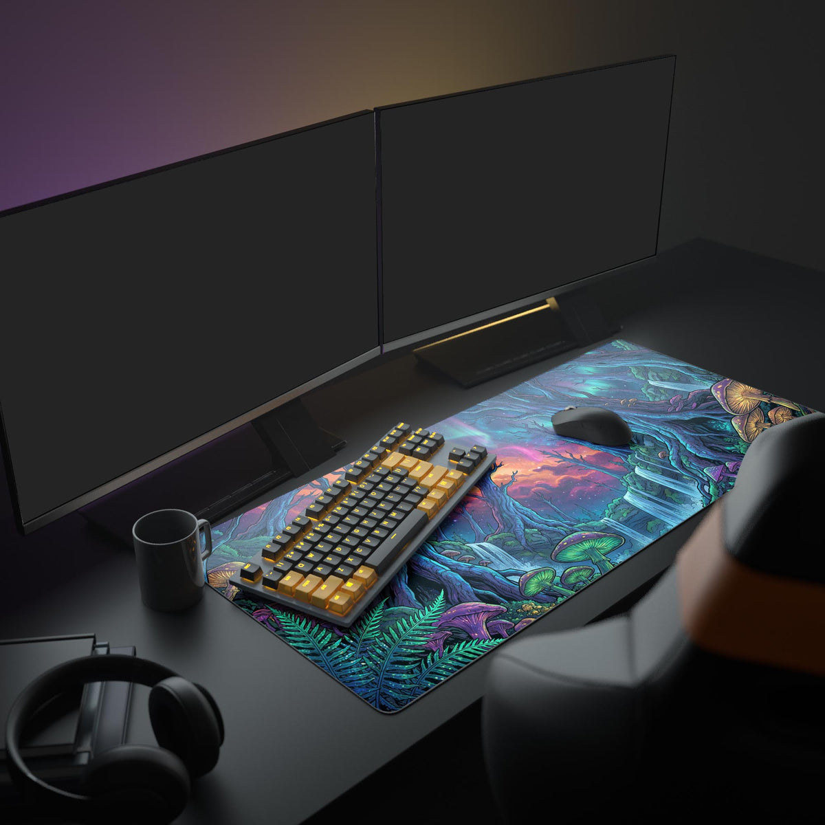 A full PC battle station featuring the vibrant Nebula Forest XL mouse pad, with dual monitors, a gaming keyboard, and mouse. - Epic Design Pads & Mousepads