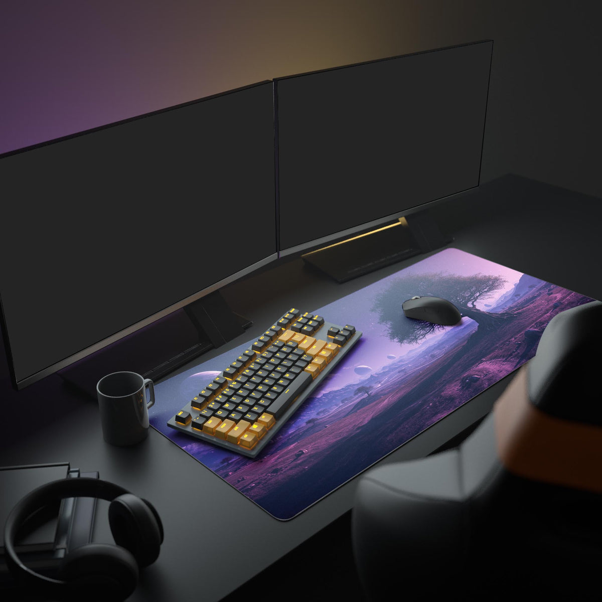 Large purple galaxy desk mat in an aesthetic desk setup with dual monitors, a mechanical keyboard, and headphones. - Epic Design Pads