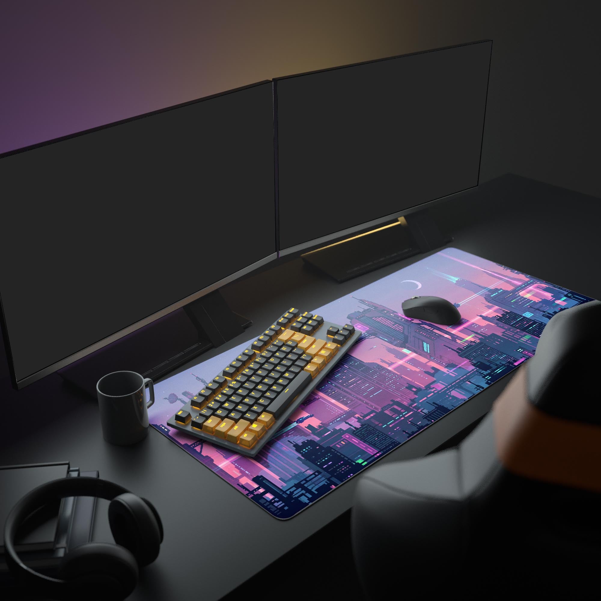 A complete PC gaming setup featuring the purple Neon Bitscape Mouse Pad, complementing a glowing keyboard and multiple monitors for an immersive cyberpunk aesthetic. - Epic Design Pads & Mousepads