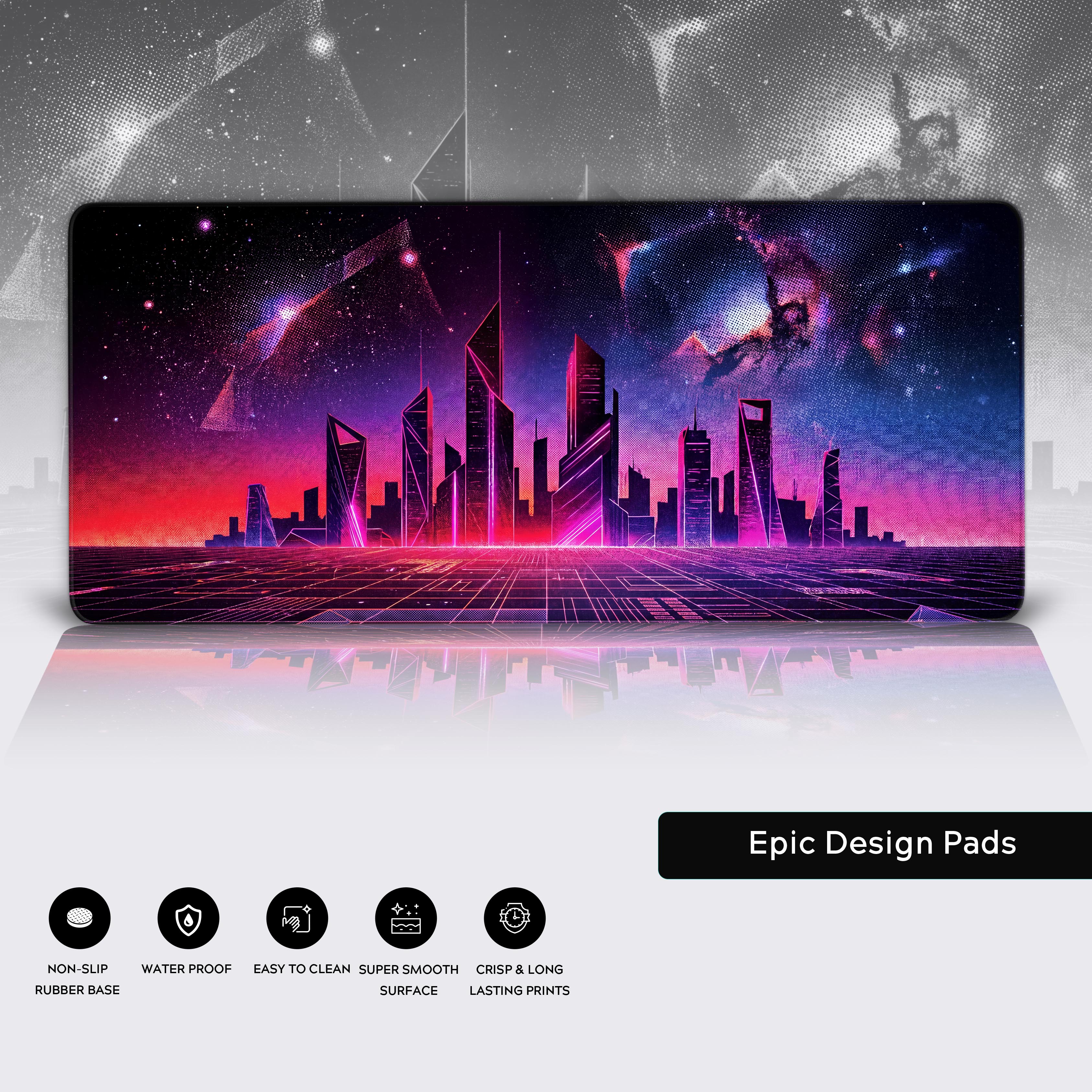 Epic Synthwave Metropolis XXL desk mat perfectly suited for an 80s retro gaming battle station setup