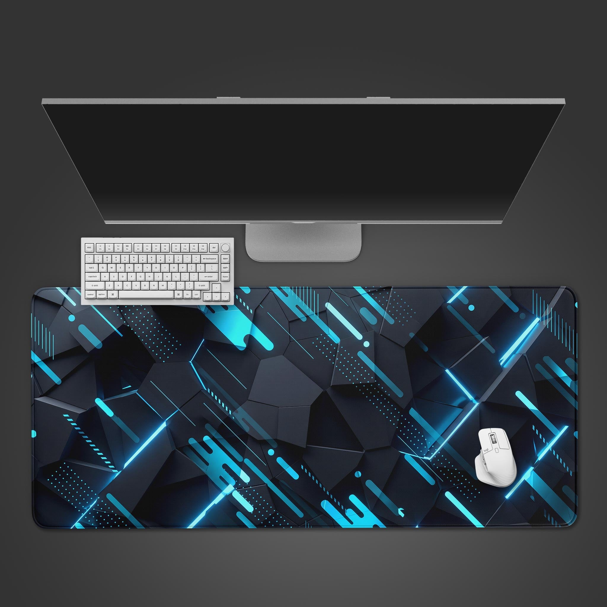 Large rectangular desk mat featuring abstract 3D dark grey polygons with glowing neon blue laser lines.