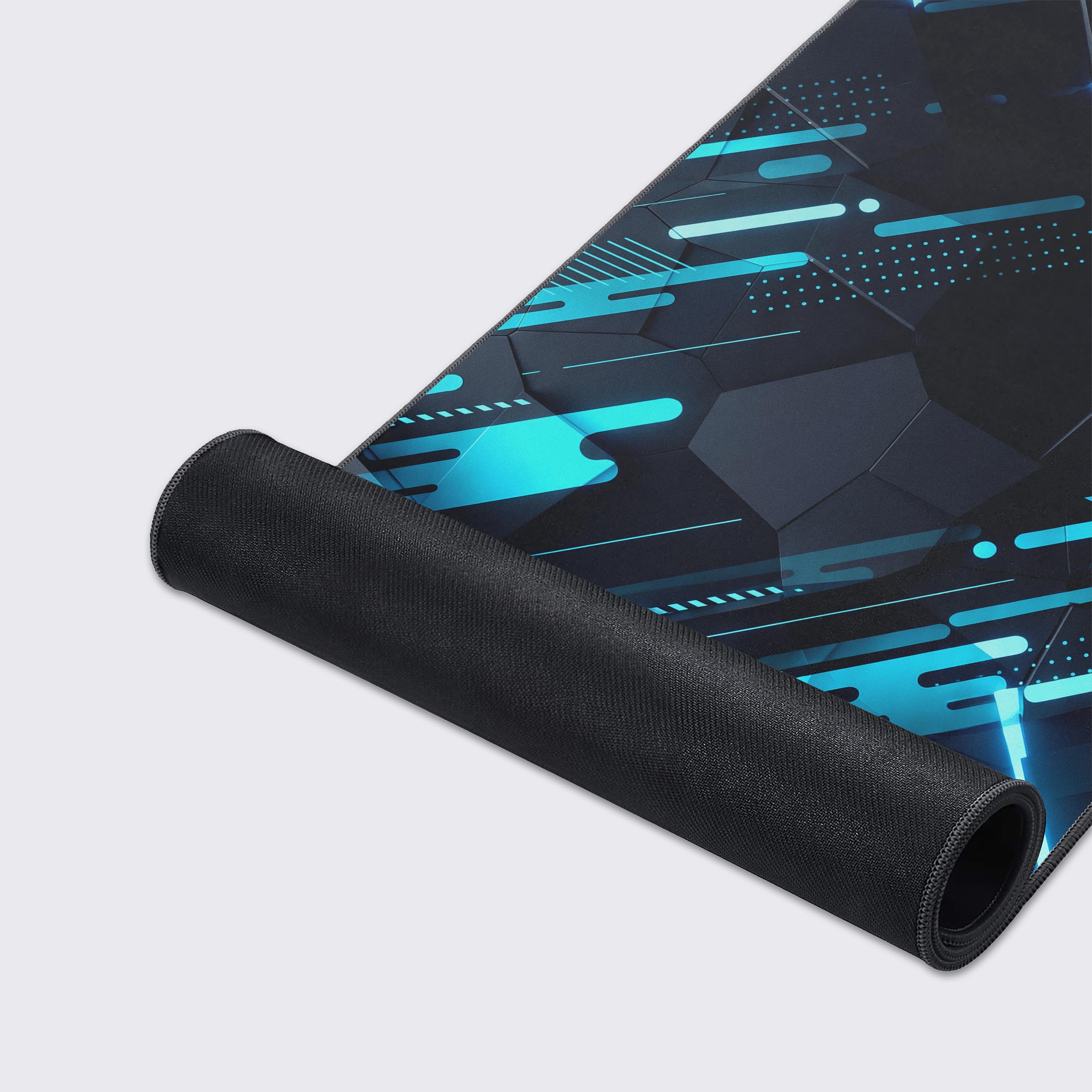 Abstract cyber aesthetic mouse pad showcasing features like non-slip base, water-proof surface, and smooth glide.