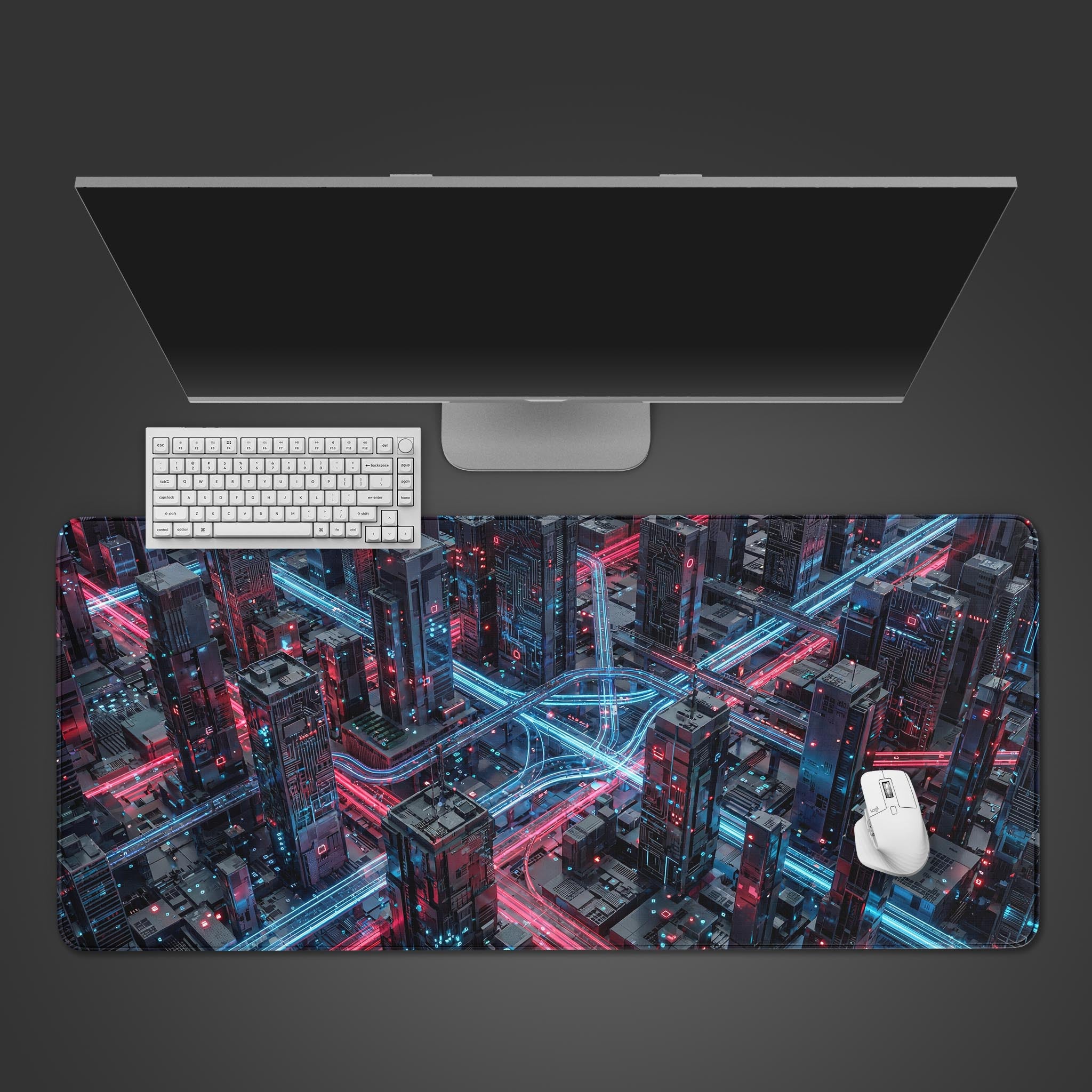 The Neon Nexus gaming desk mat viewed from above, with a sleek white keyboard and mouse positioned on its vibrant cyberpunk city design. - Epic Design Pads & Mousepads