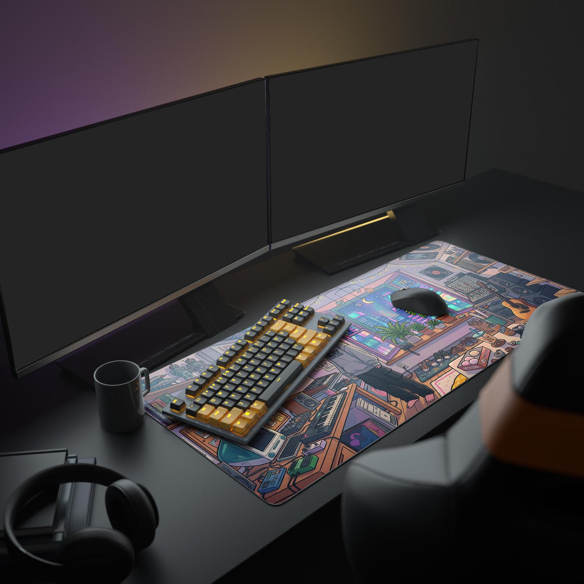 A full desk setup featuring the Neon Synth Studio anime mouse pad, complementing a gaming PC, dual monitors, and glowing peripherals. - Epic Design Pads & Mousepads