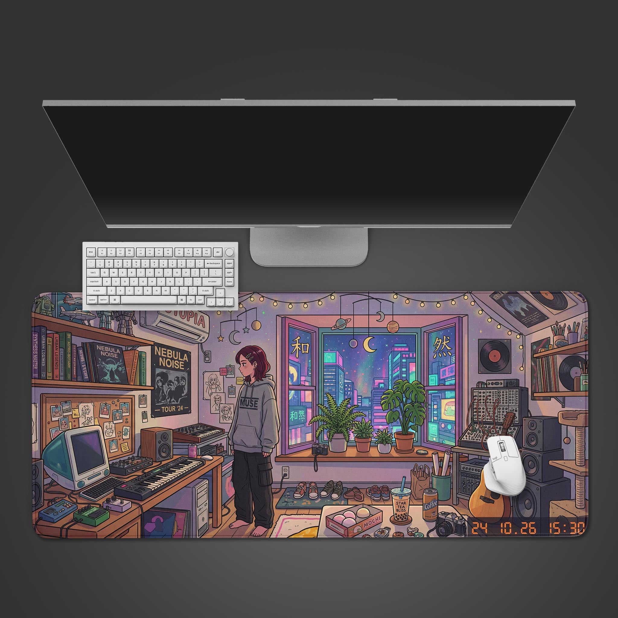 The Neon Synth Studio gaming desk mat shown from above with a white keyboard and mouse, illustrating the vibrant anime music studio design. - Epic Design Pads & Mousepads