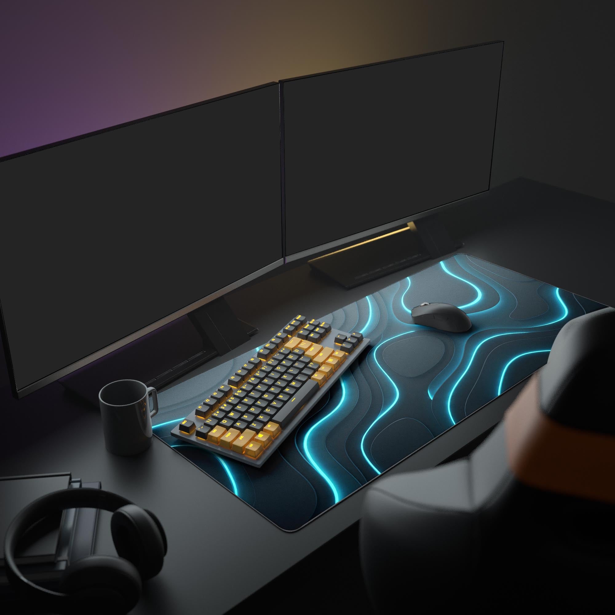 The Neon Topography gaming desk mat anchors a modern PC setup, its glowing blue pattern creating a focused atmosphere around the keyboard and mouse. - Epic Design Pads & Mousepads
