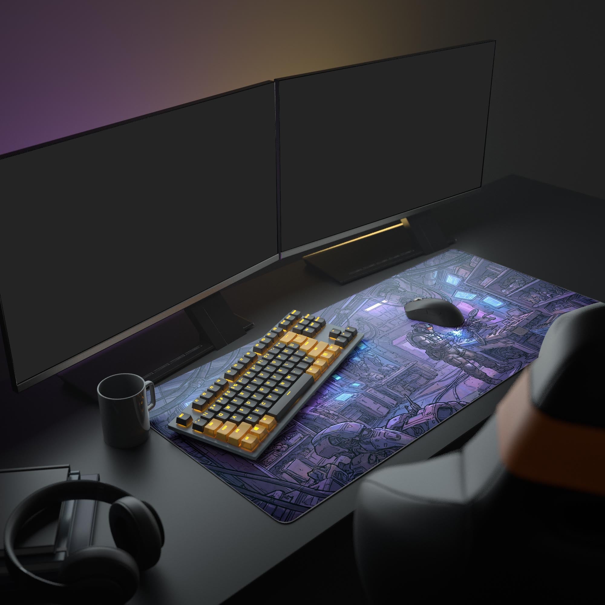 The Neon Workshop mouse pad anchors a futuristic gaming setup, its purple and blue tones complementing multiple glowing monitors and RGB peripherals. - Epic Design Pads & Mousepads