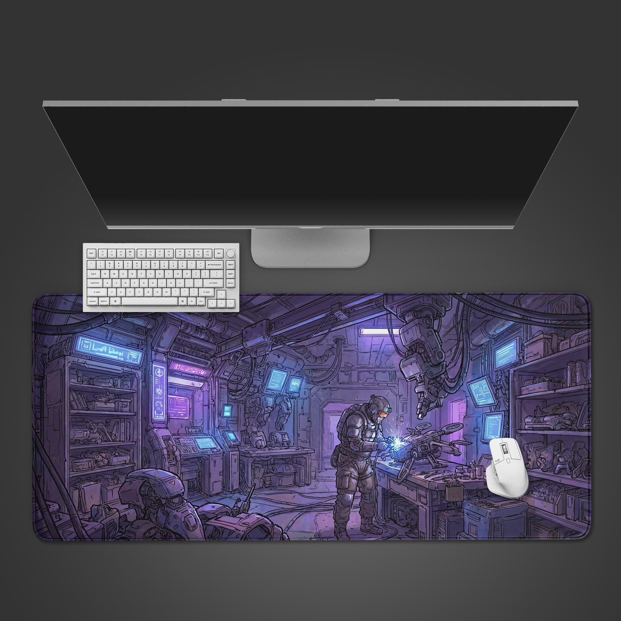 Top-down view of the Neon Workshop gaming desk mat, showing a cyberpunk mechanic scene under a sleek monitor, keyboard, and mouse. - Epic Design Pads & Mousepads