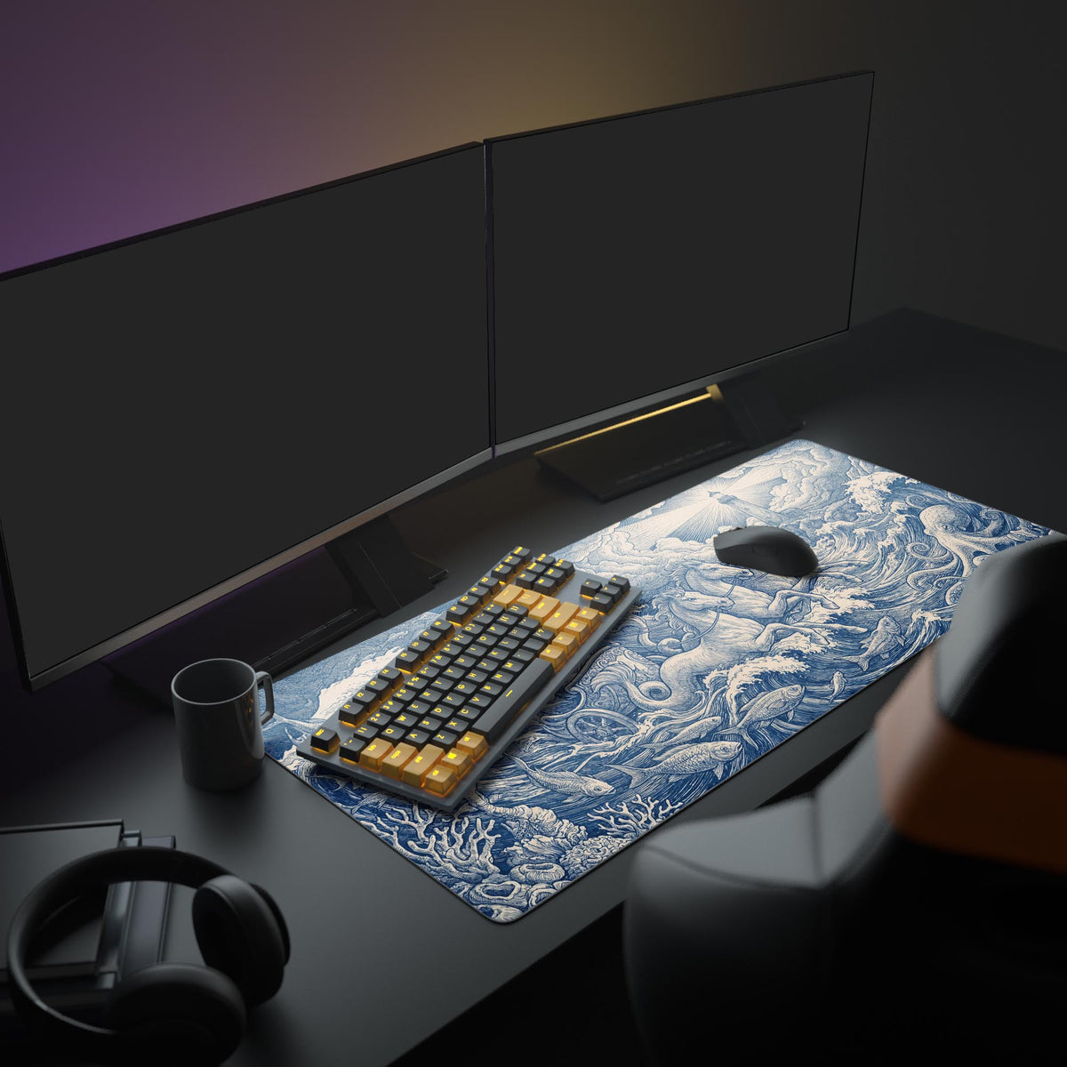 A full desk setup showcasing the Neptune's Chariot extended mouse pad. The blue and white mythological design complements a modern gaming monitor, keyboard, and mouse. - Epic Design Pads & Mousepads