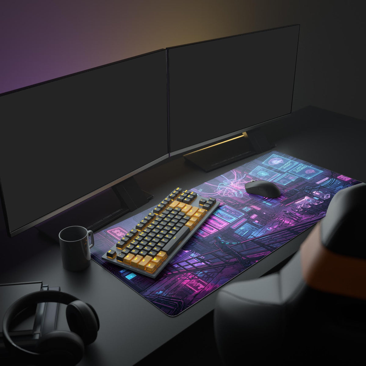 The Neural Datahaven cyberpunk mouse pad anchoring a full PC gaming setup, with its neon pink and blue cityscape glowing under multiple monitors. - Epic Design Pads & Mousepads
