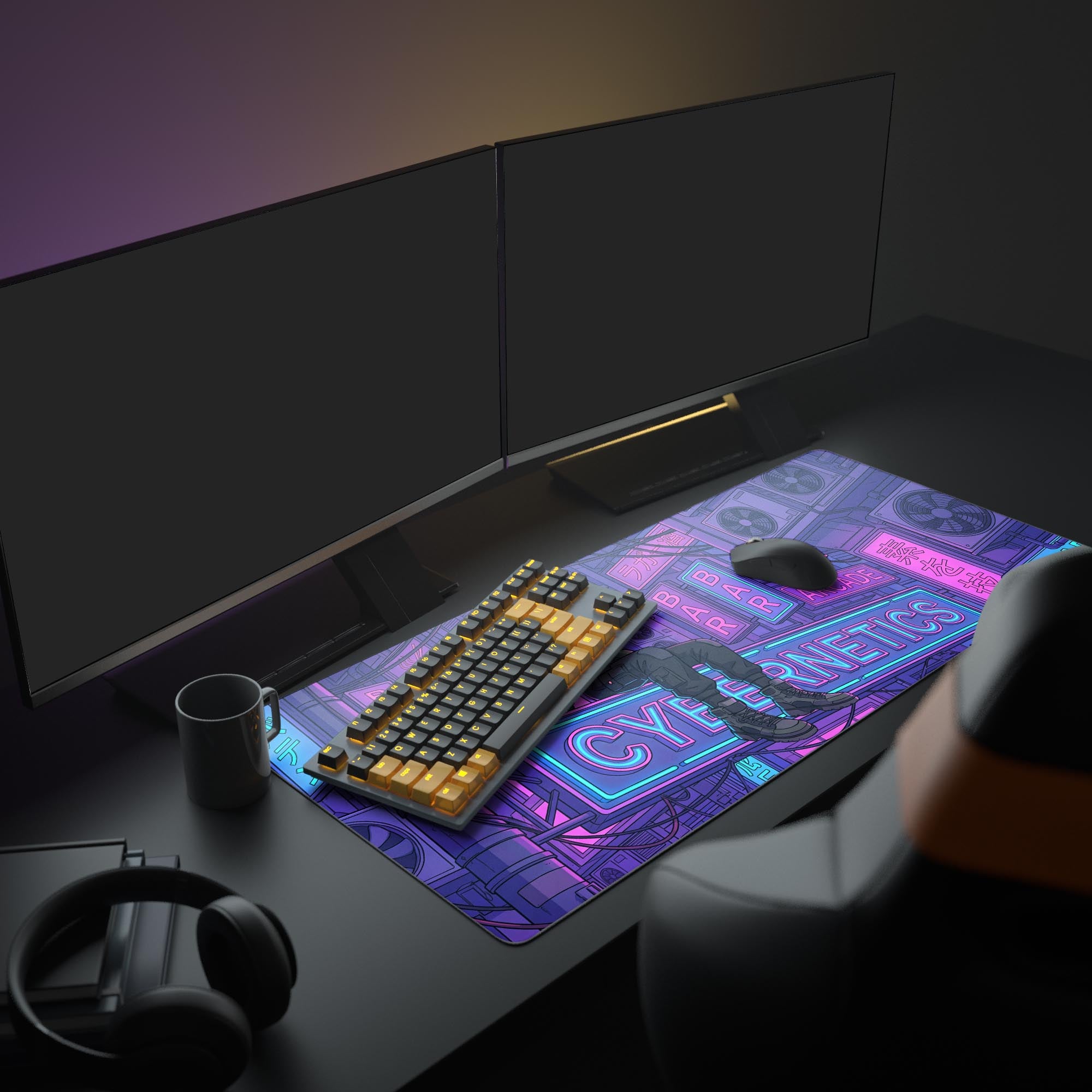 Large cyberpunk gaming mouse pad featuring the Night City art. Shown in a full gaming setup with dual monitors and headphones. - Epic Design Pads & Mousepads