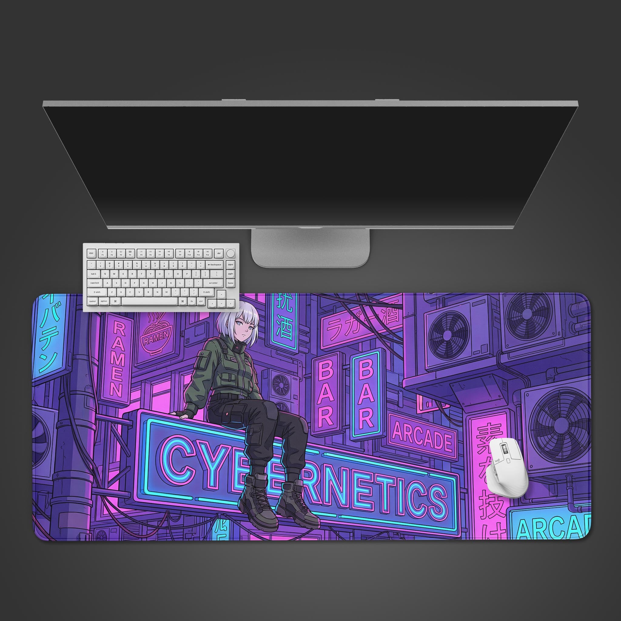 Night City desk mat showing a cyberpunk cityscape design. Top-down desktop view with a black keyboard and gaming mouse. - Epic Design Pads & Mousepads