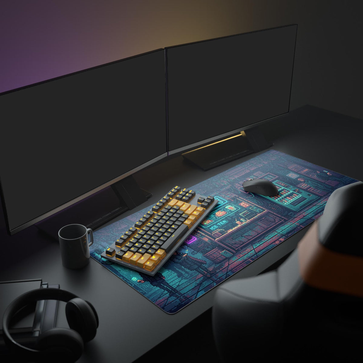 Large Night Market gaming desk mat with a cyberpunk city theme. Displayed in a full gaming setup with dual monitors and glowing peripherals. - Epic Design Pads & Mousepads