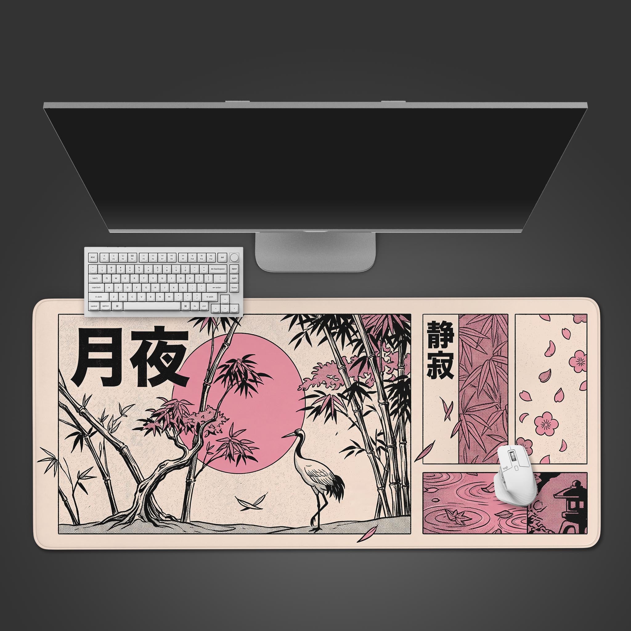 Top-down view of the Night Panels gaming desk mat, featuring Japanese crane and moon art, with a white keyboard and monitor on a dark surface. - Epic Design Pads & Mousepads