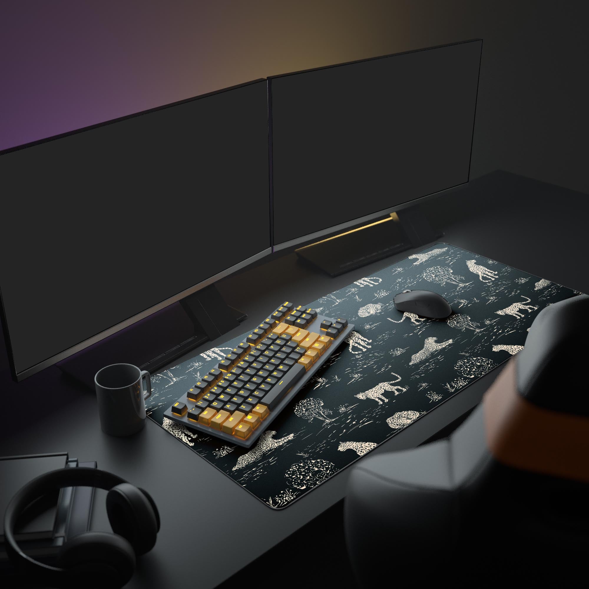 Large Night Safari leopard desk mat shown in a chic office setup with dual monitors, a mechanical keyboard, and stylish decor. - Epic Design Pads & Mousepads