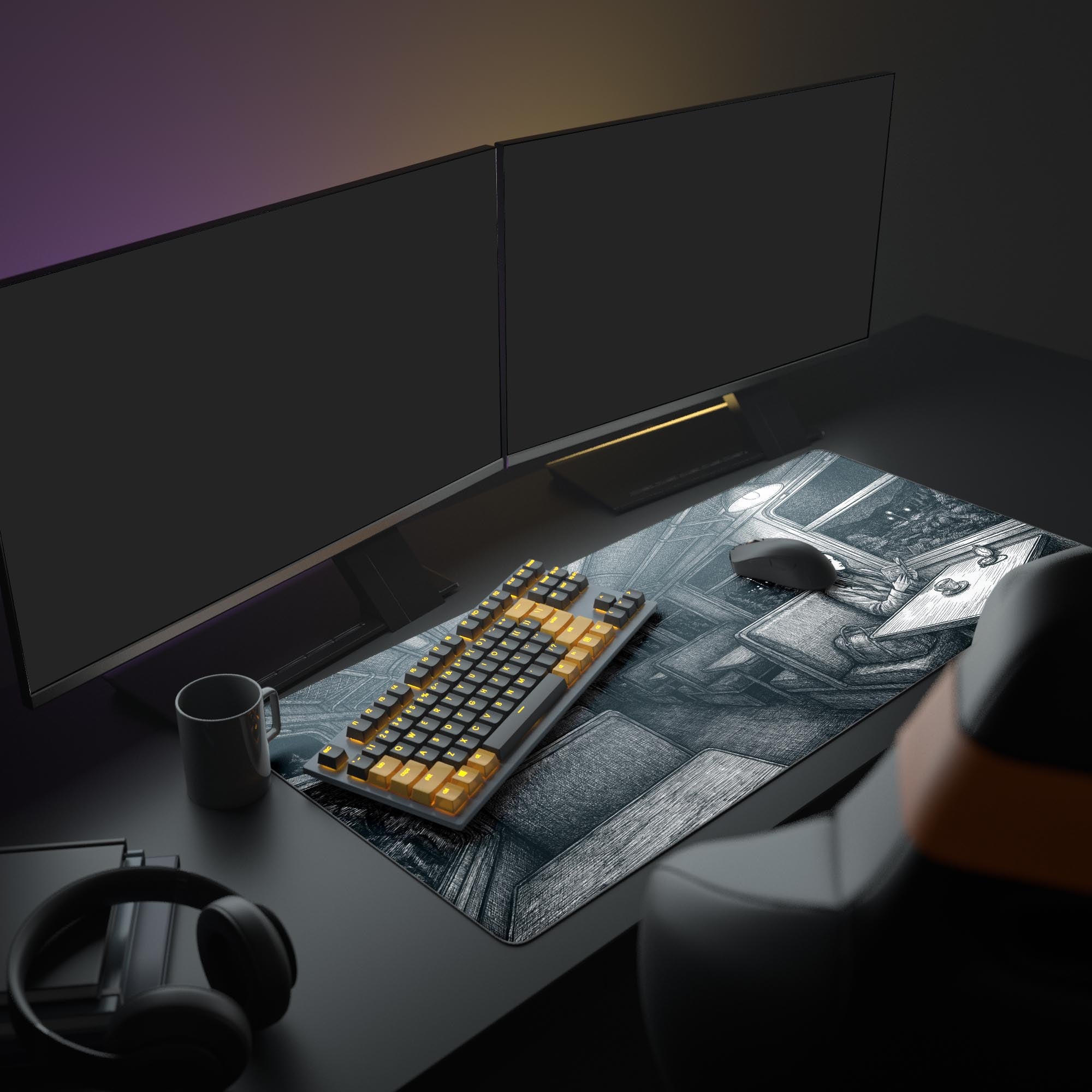 A full desk setup featuring the Night Train gaming desk mat, creating a focused, minimalist aesthetic with a monitor and peripherals. - Epic Design Pads & Mousepads