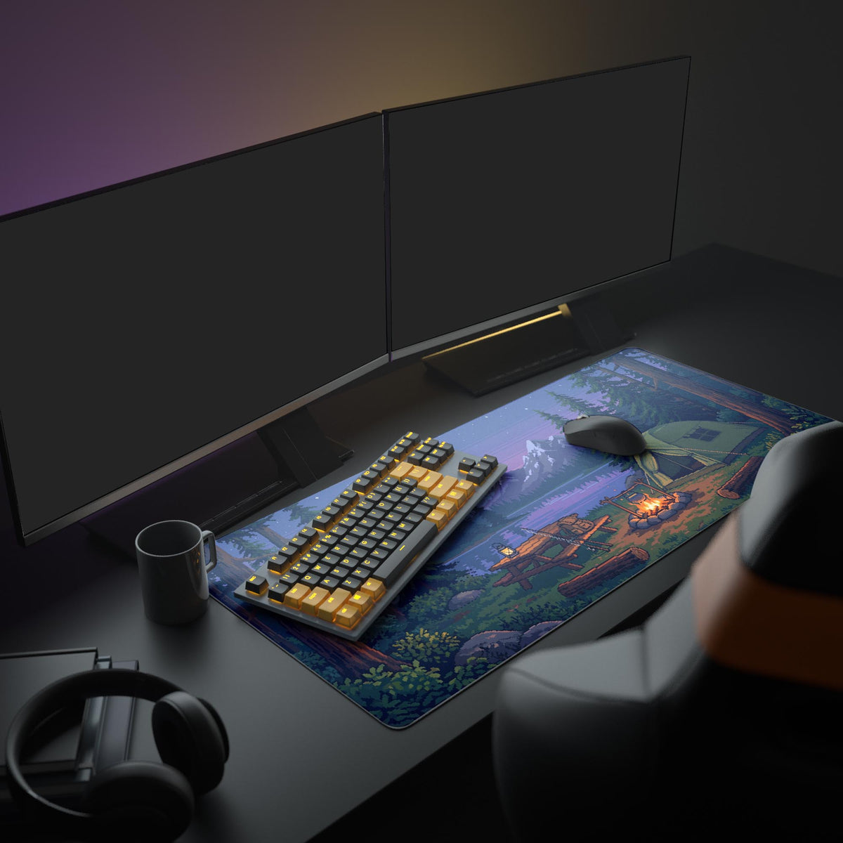 A cozy gaming setup featuring the Nightfall Camp mouse pad, with its pixel art campfire scene creating a relaxing vibe below a large monitor and keyboard. - Epic Design Pads & Mousepads