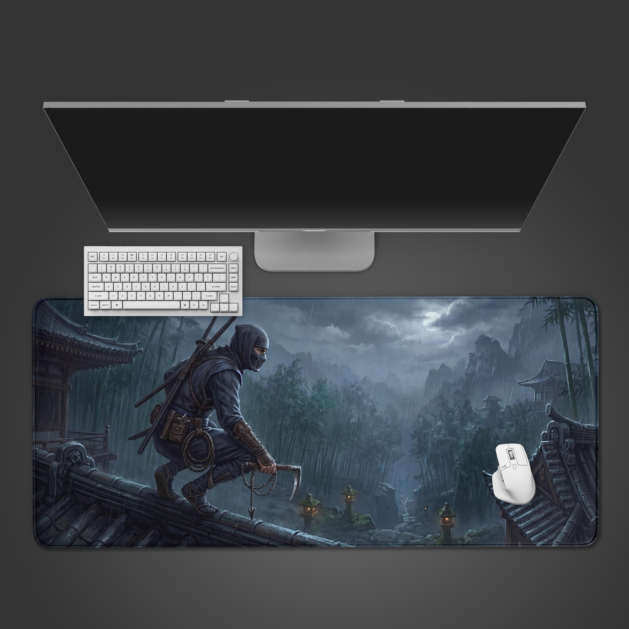 A ninja crouched on a traditional Japanese temple roof holding a kusarigama in the rain, displayed on a large gaming desk mat.